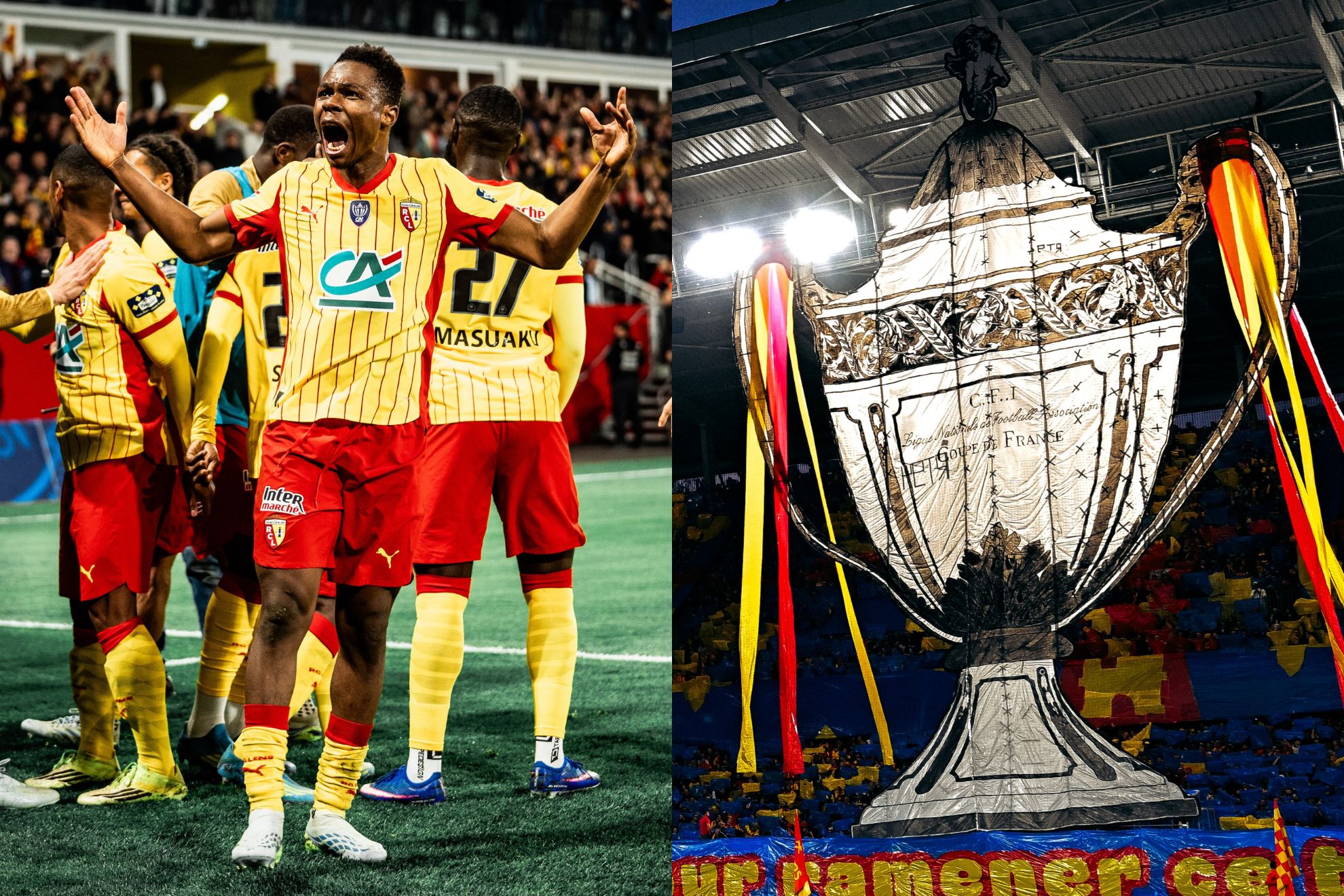 Mamadou Sangaré y un tifo de la Coupe en el Stade Bollaert-Deleris