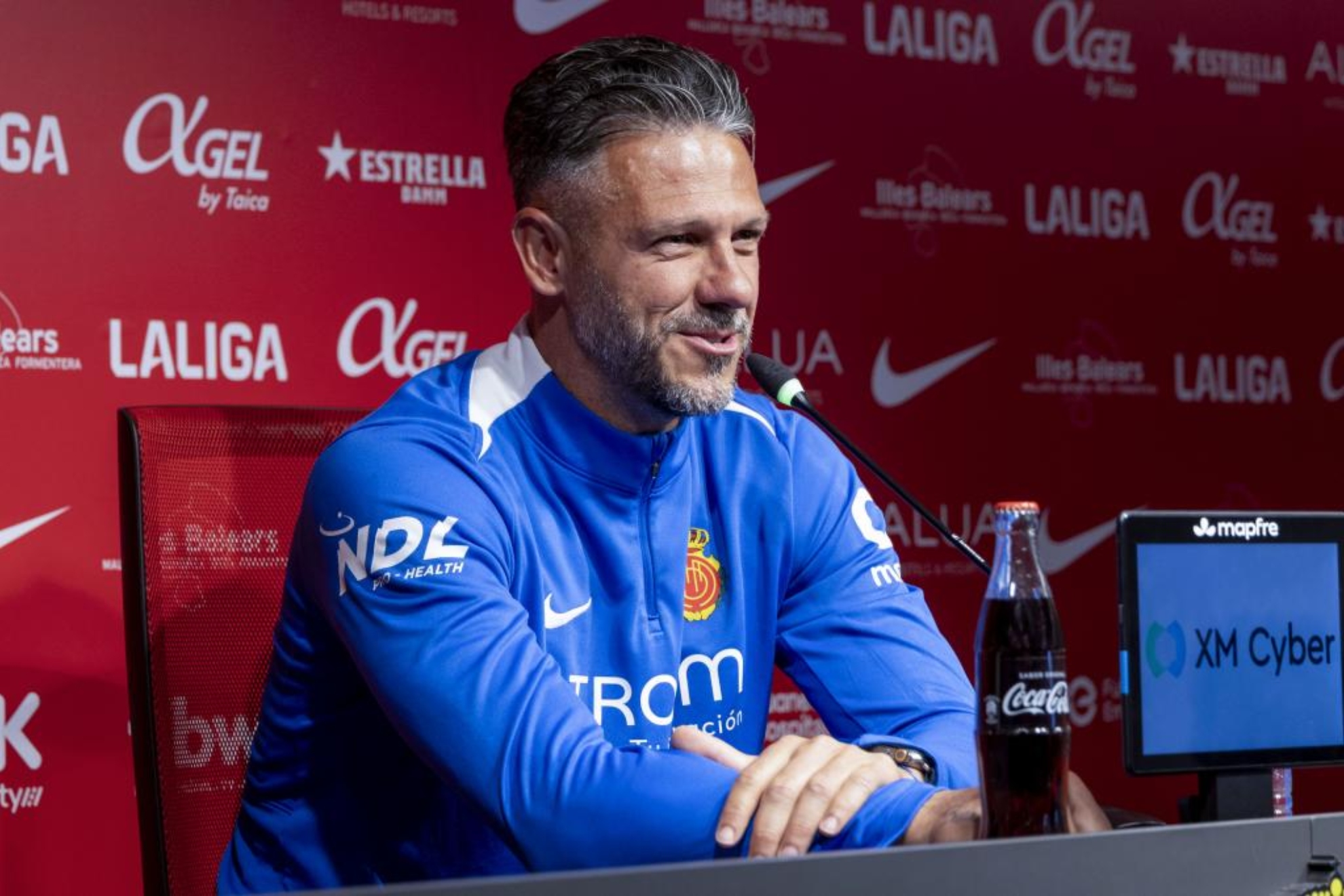 Demichelis, entrenador del Mallorca, durante su comparecencia ante los medios de comunicación.