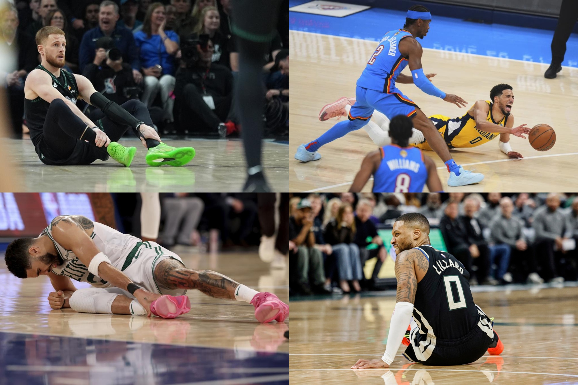 DiVincenzo (arriba izqda.) Tatum (abajo izqda.), Haliburton (arriba dcha.) y Lillard (abajo dcha.).