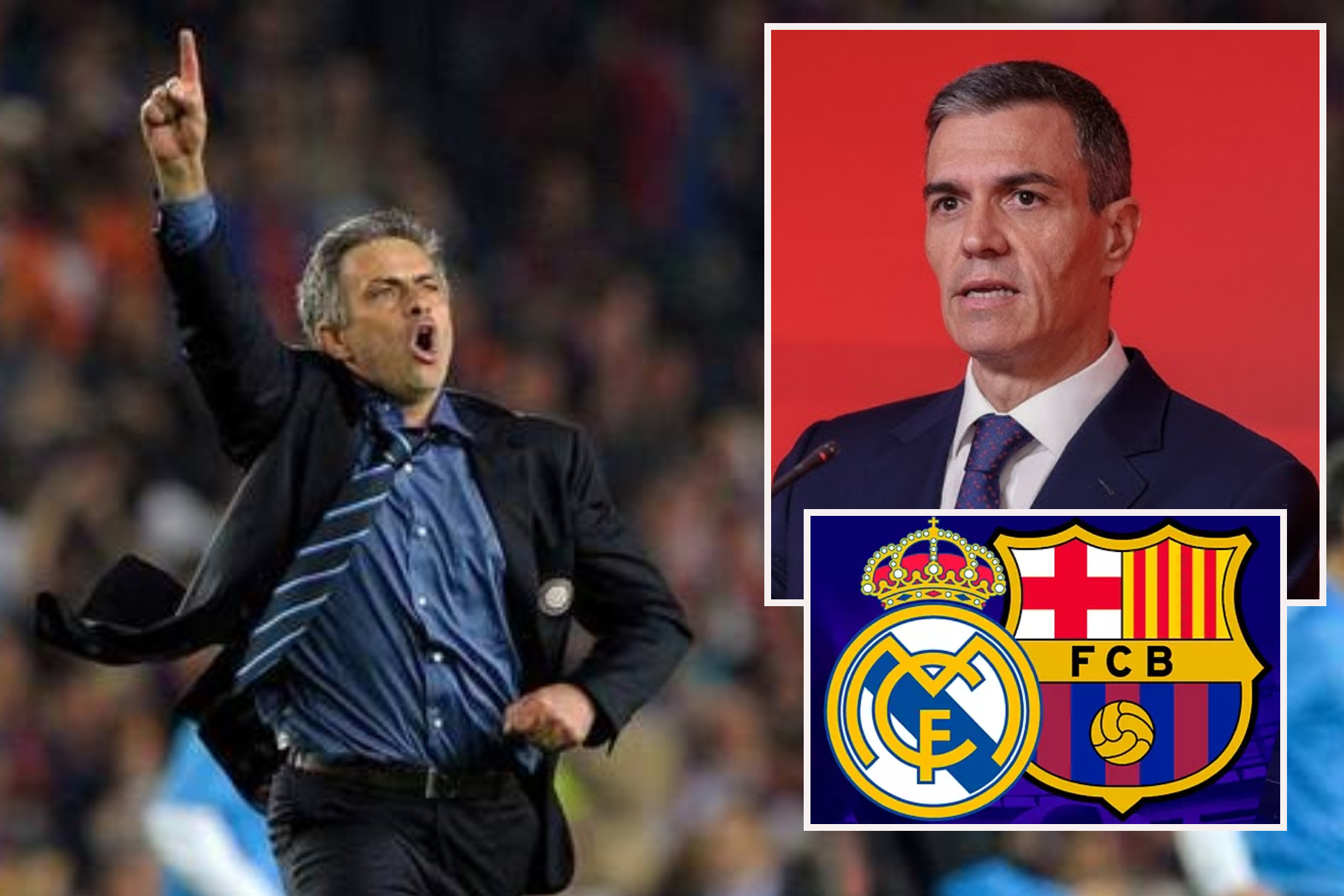 José Mourinho, Pedro Sánchez y un escudo del Madrid y del Barça.