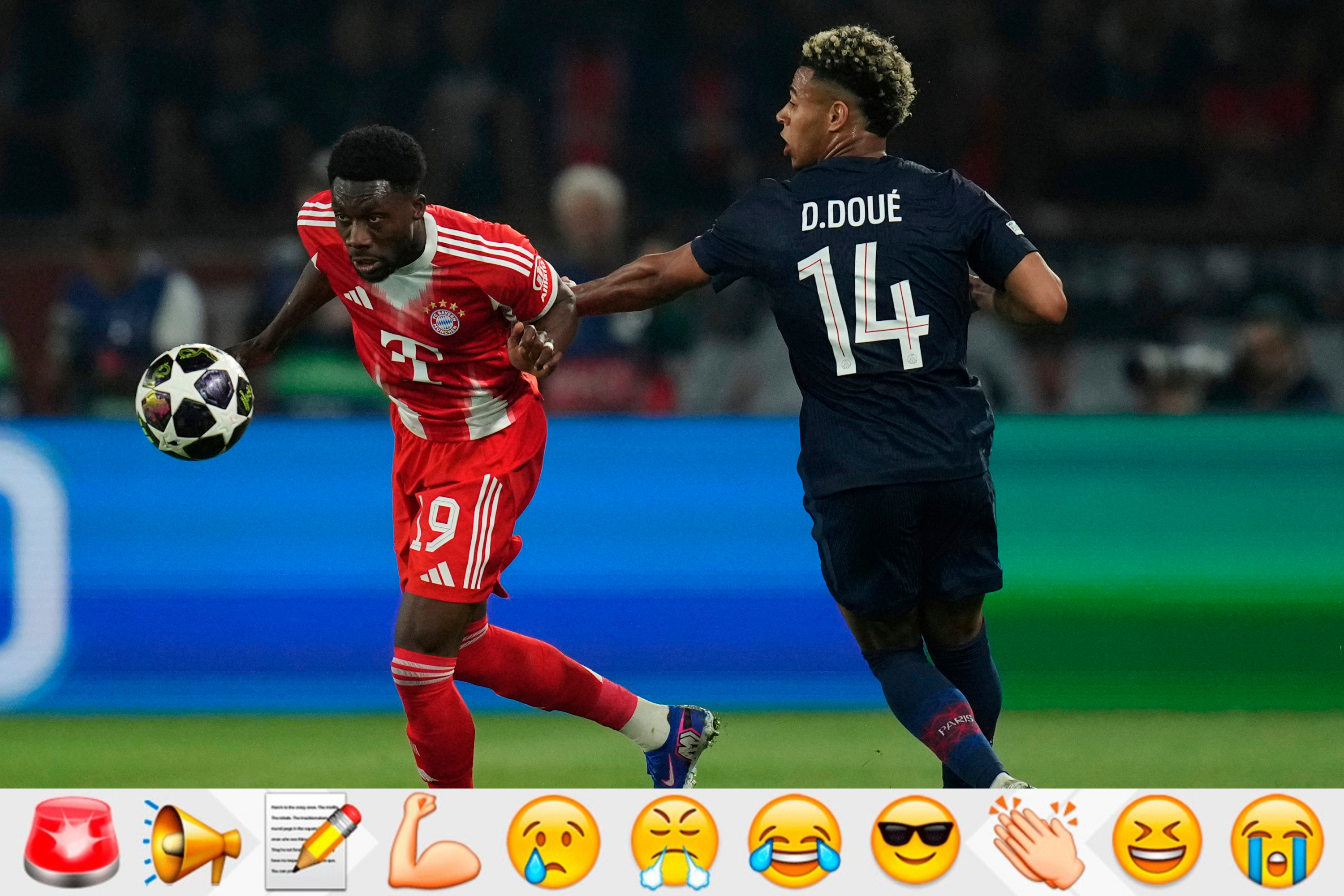 PSG's Desire Doue, right, tries to stop Bayern's Alphonso Davies during the Champions League semifinal first leg soccer match between Paris Saint-Germain and Bayern Munich in Paris, Tuesday, April 28, 2026. (AP Photo/Christophe Ena)