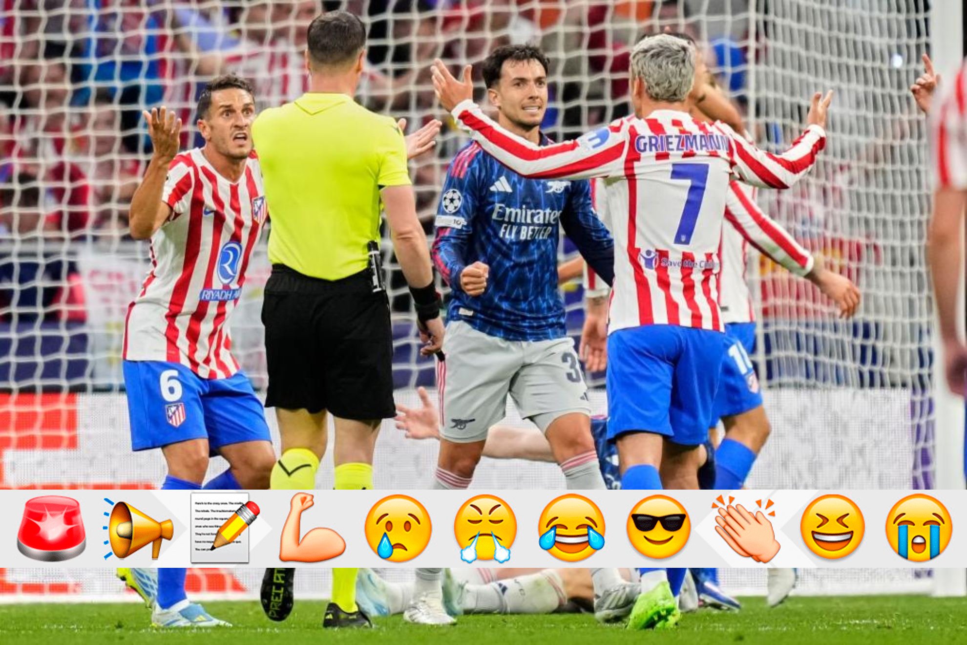 Griezmann y Koke protestan una decisión del árbitro.