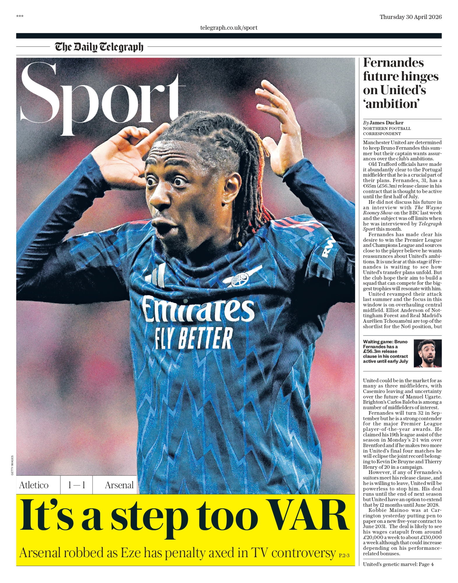 El Daily Telegraph habla de robo al Arsenal ante el Atlético