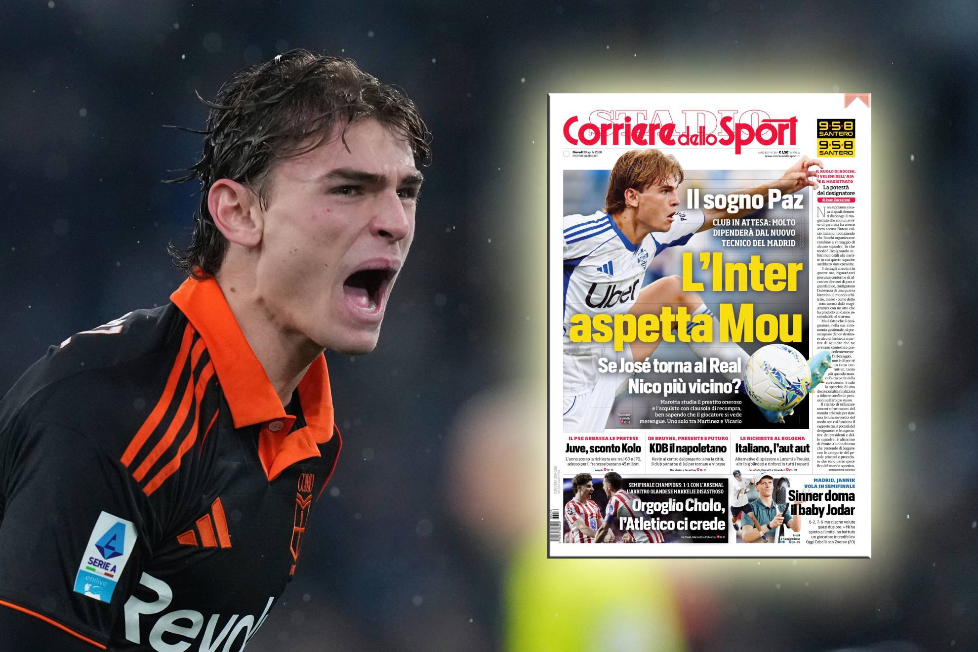 Nico Paz, en las portadas en Italia.