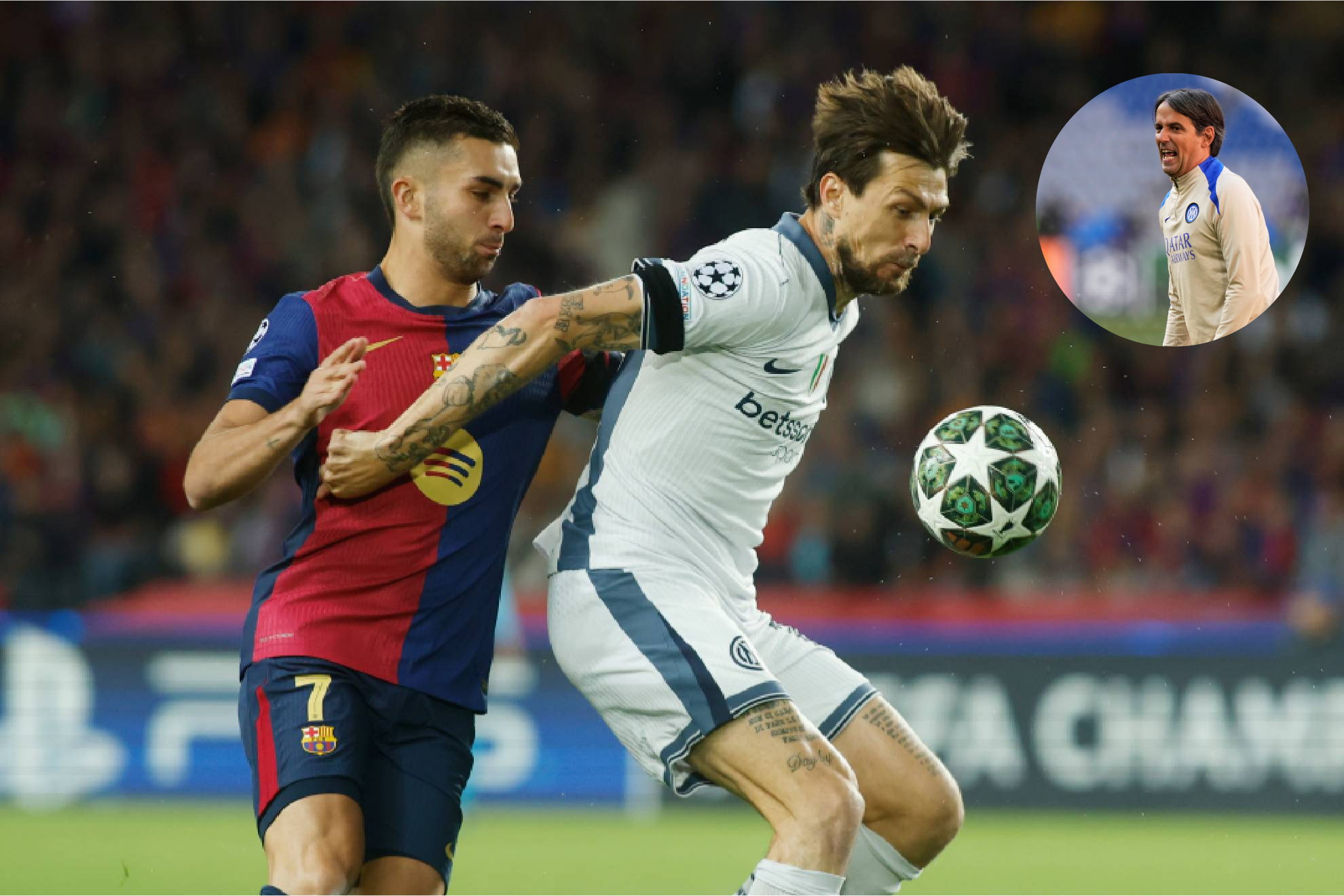 Ferran Torres y Acerbi disputan un balón en el Barça 3-3 Inter