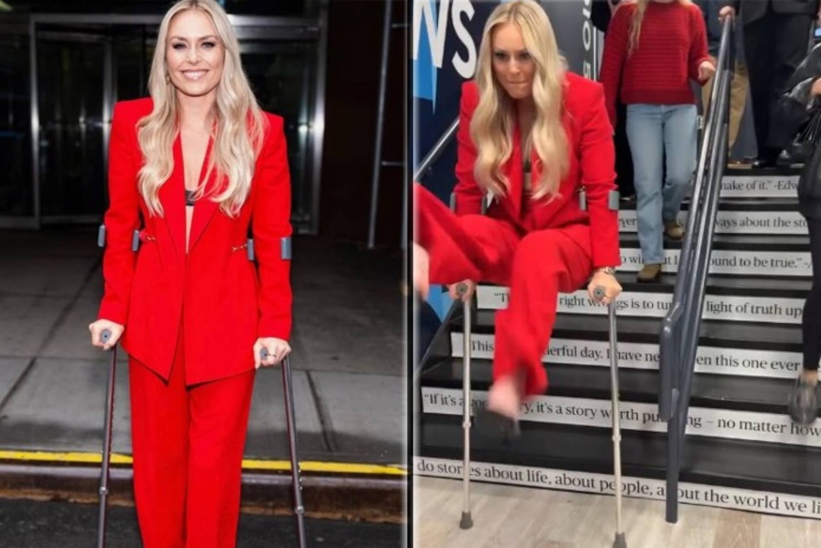 Lindsey Vonn (41 años) reapareció con muletas en un evento social apenas tres meses después del desgarrador accidente que le provocó una compleja fractura de pierna y le cambió la vida (ha sido operada ocho veces desde entonces).