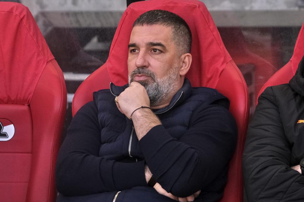 Shakhtar's head coach Arda Turan sits on the bench before the Conference League second-leg quarterfinal soccer match between AZ Alkmaar and Shakhtar Donetsk in Alkmaar, Netherlands, Thursday, April 16, 2026. (AP Photo/Patrick Post)
