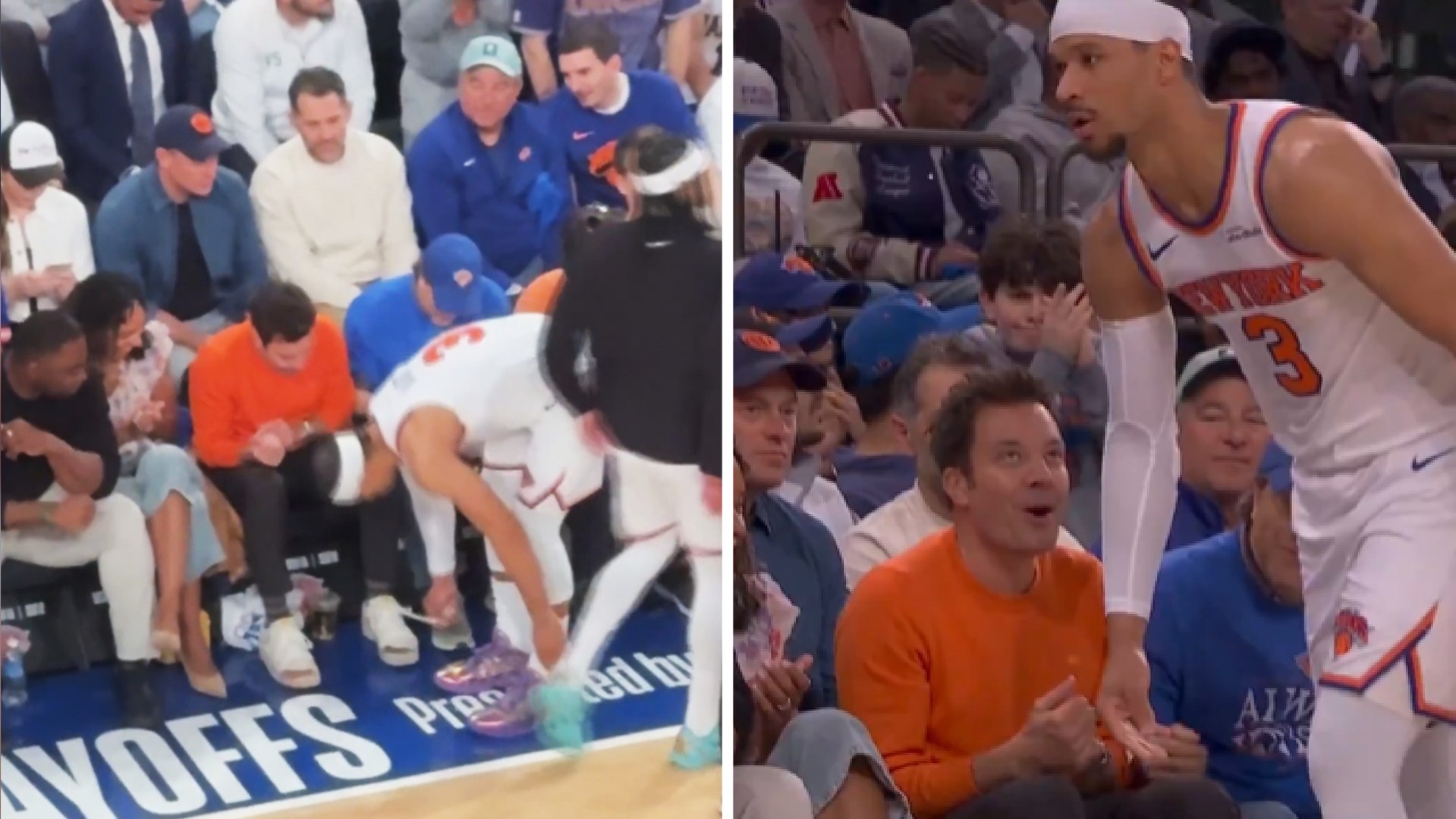 Josh Hart (Knicks) le desató los cordones de los zapatos al famoso presentador Jimmy Fallon en mitad del partido de los Playoffs NBA que los New York Knicks ganaron 137-98 a los Philadelphia 76ers.