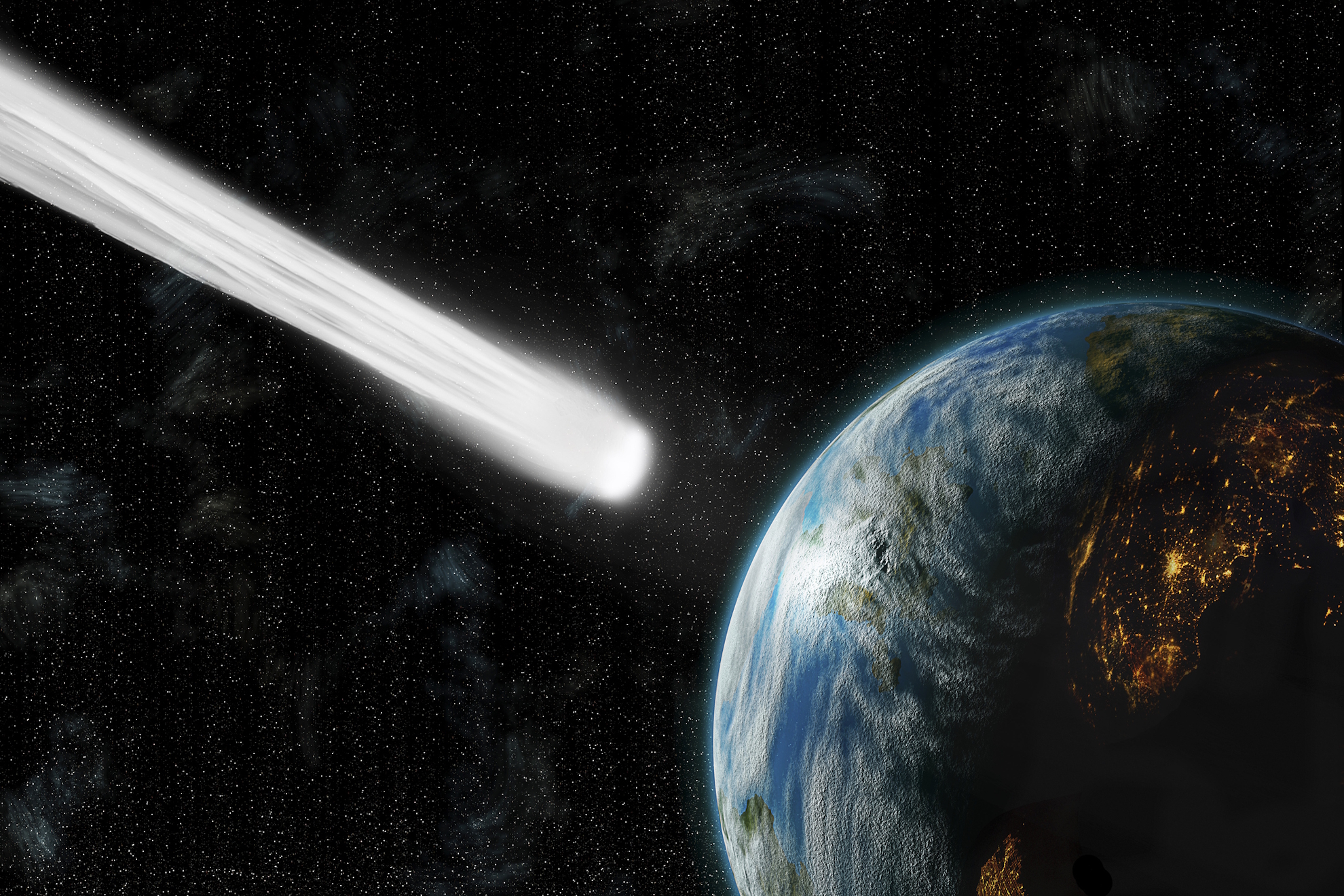 Ilustración sobre un cometa a punto de impactar contra la Tierra.
