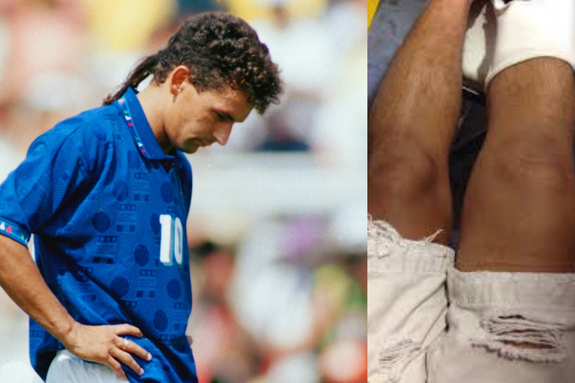 Baggio, tras fallar su penalti ante Brasil en 1994. A la derecha, su rotura de cruzado en 1985.