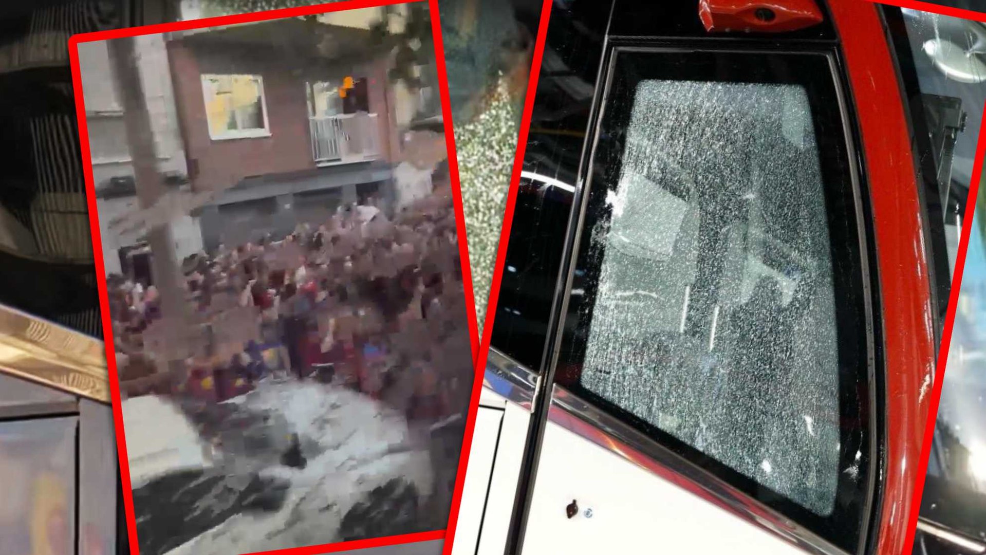 Momentos de mucha tensión en la llegada del autobús del Real Madrid, que acabó con la luna ruta después de ser apedreado.