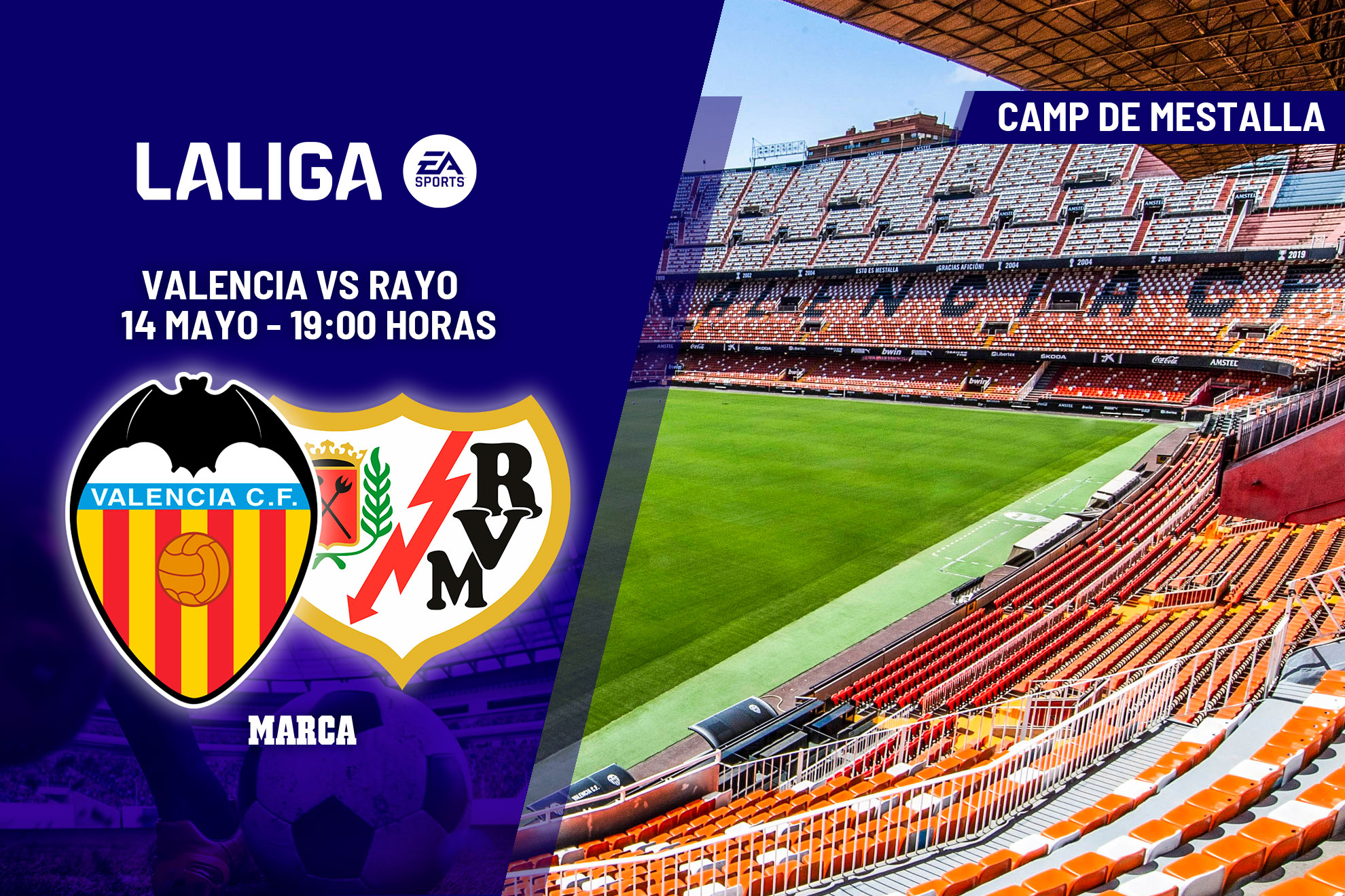 El partido Valencia - Rayo se disputa en Mestalla.