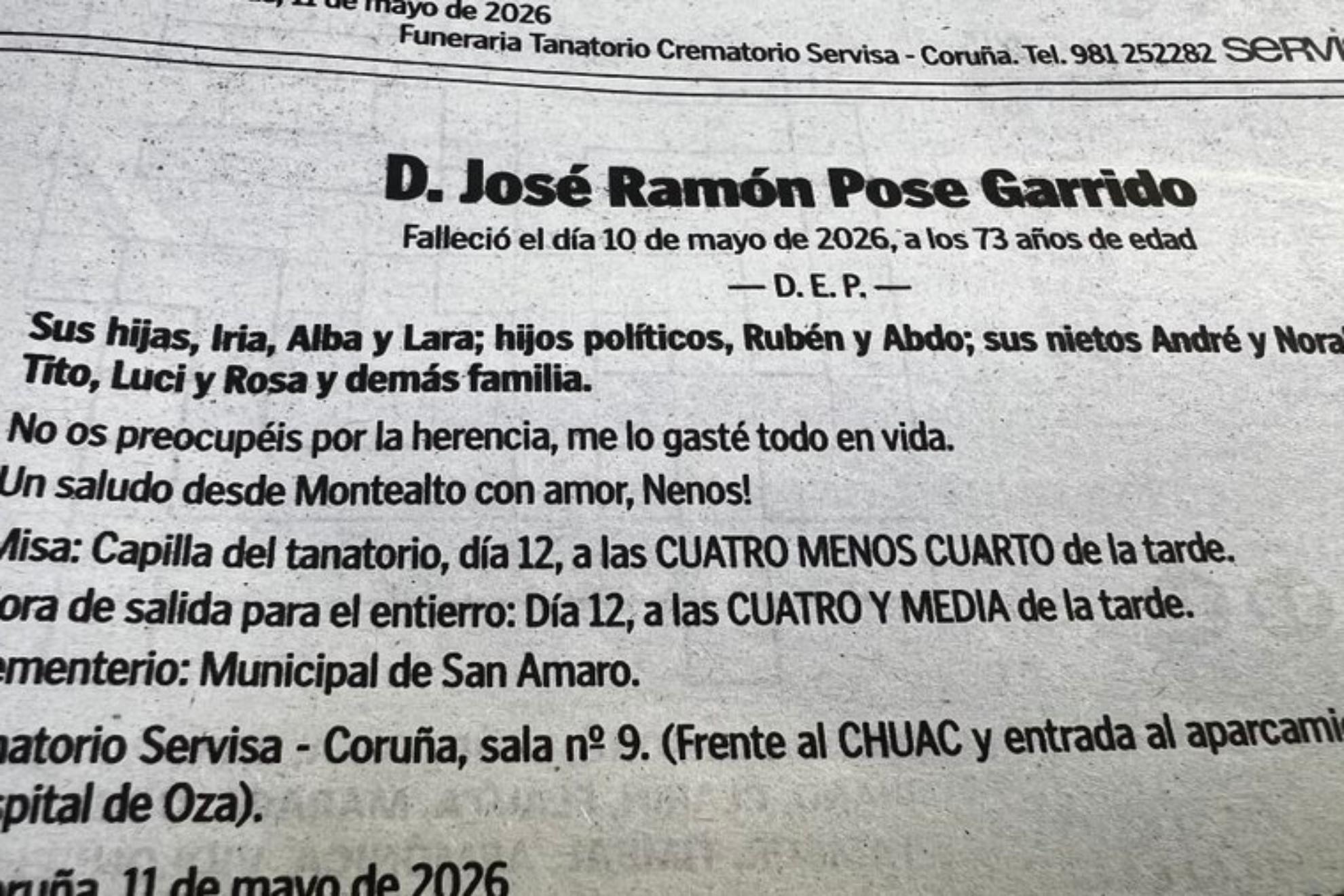 La esquela de José Ramón Pose Garrido en La Voz de Galicia.