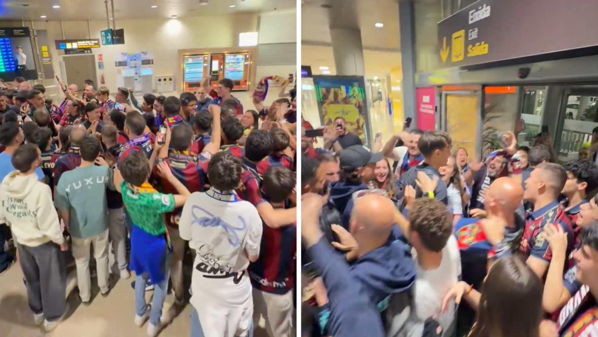 Espectacular recibimiento de madrugada al Levante en el aeropuerto de Valencia