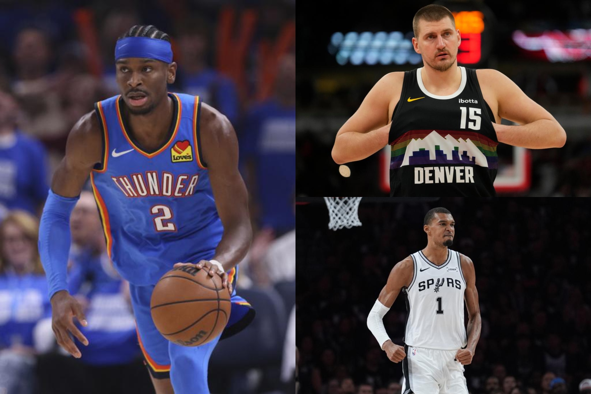 Shai Gilgeous-Alexander (izqda.), Nikola Jokic (arriba dcha.) y Victor Wembanyama (abajo dcha.)
