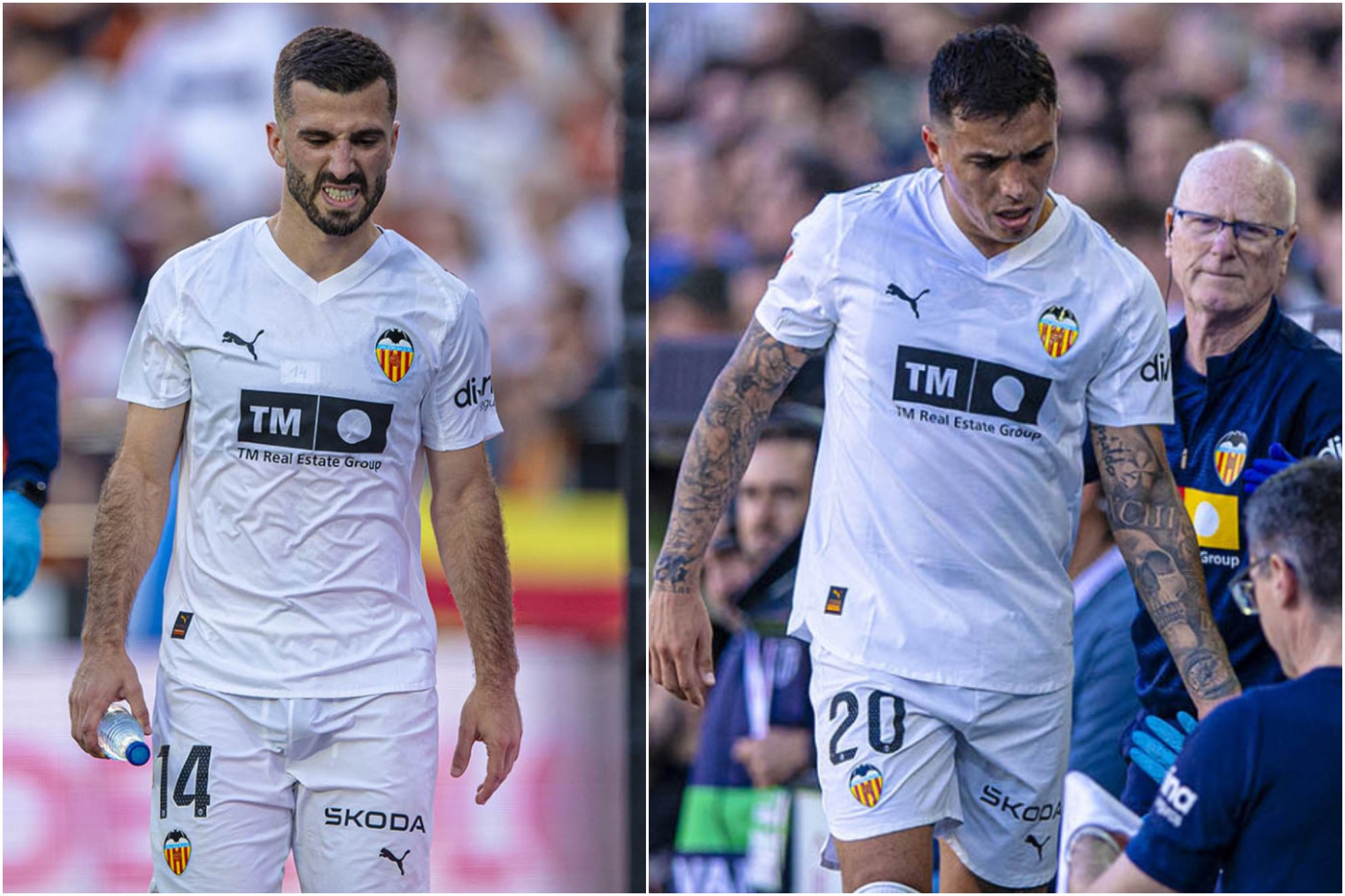 Gayá y Renzo Saravia, el jueves al retirarse durante el partido ante el Rayo.