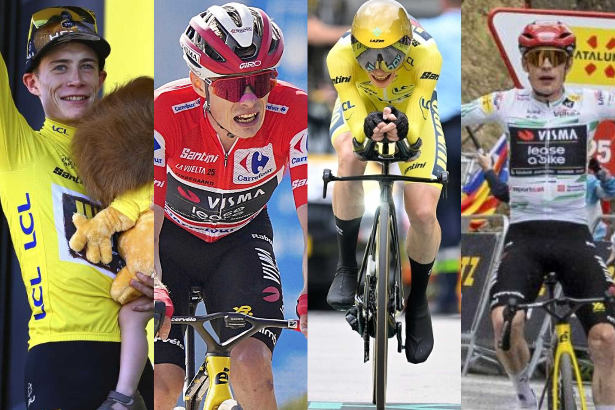 Vingegaard con diferentes maillots de ganador de vueltas por etapas.