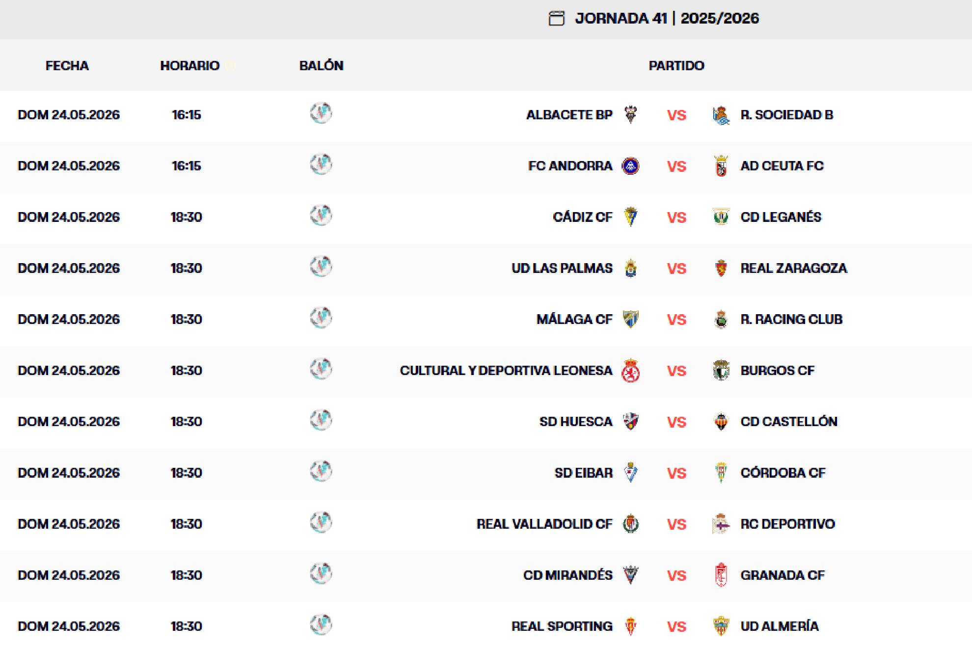 Los horarios de la jornada 41 de Segunda división