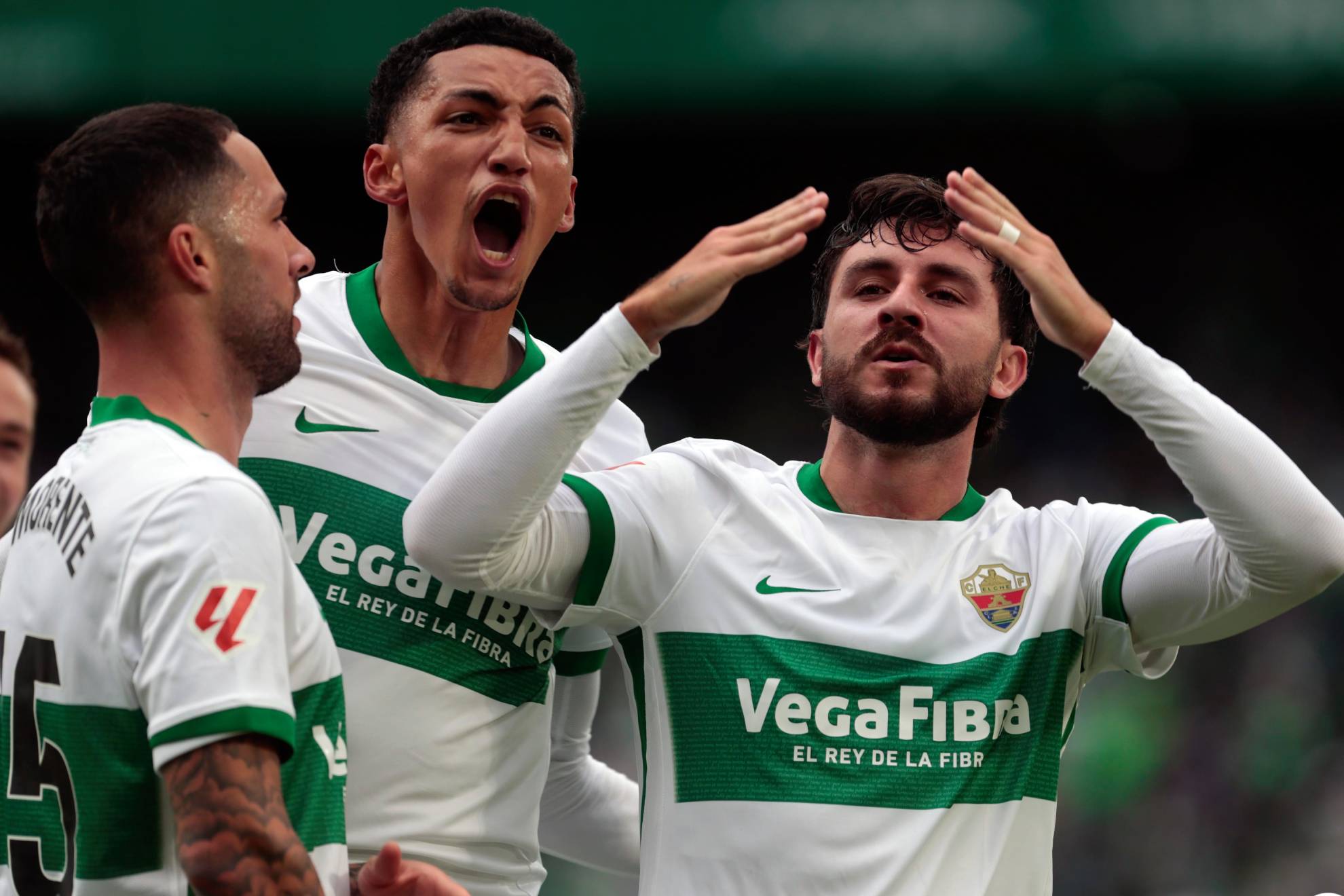 Los jugadores del Elche celebran un gol en el Martínez Valero.