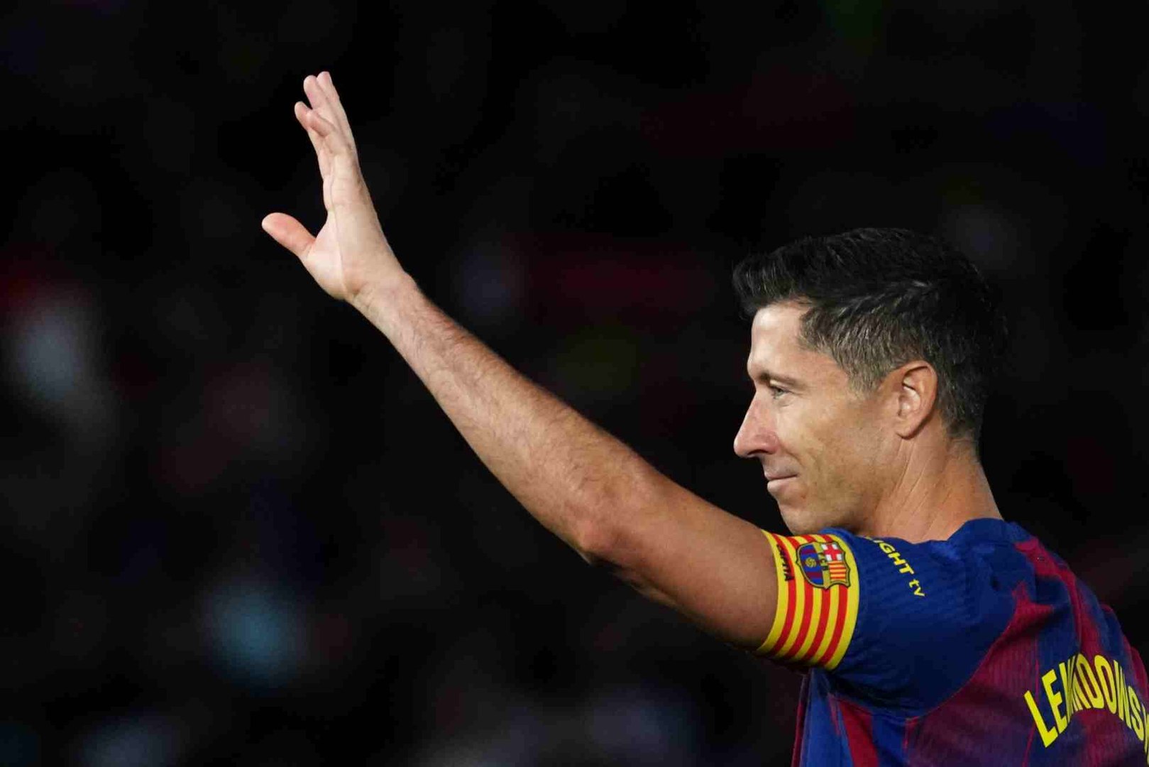 Barcelona's Robert Lewandowski leaves the pitch during the Spanish La Liga soccer match between FC Barcelona and Real Betis in Barcelona, Spain, Sunday, May 17, 2026. (AP Photo/Joan Mateu Parra)