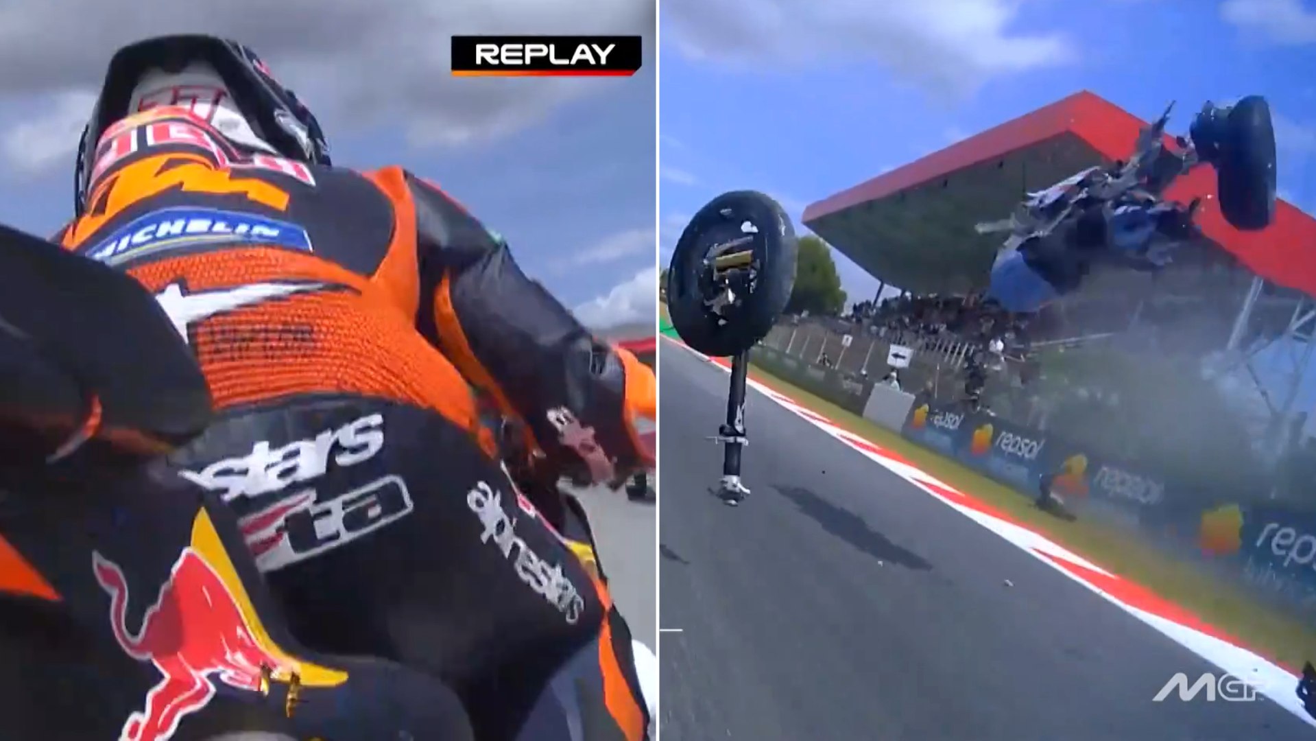 El piloto catalán sufrió un aparatoso accidente durante el GP de Catalunya en Montmeló en el que se fracturó una vértebra y una clavícula.