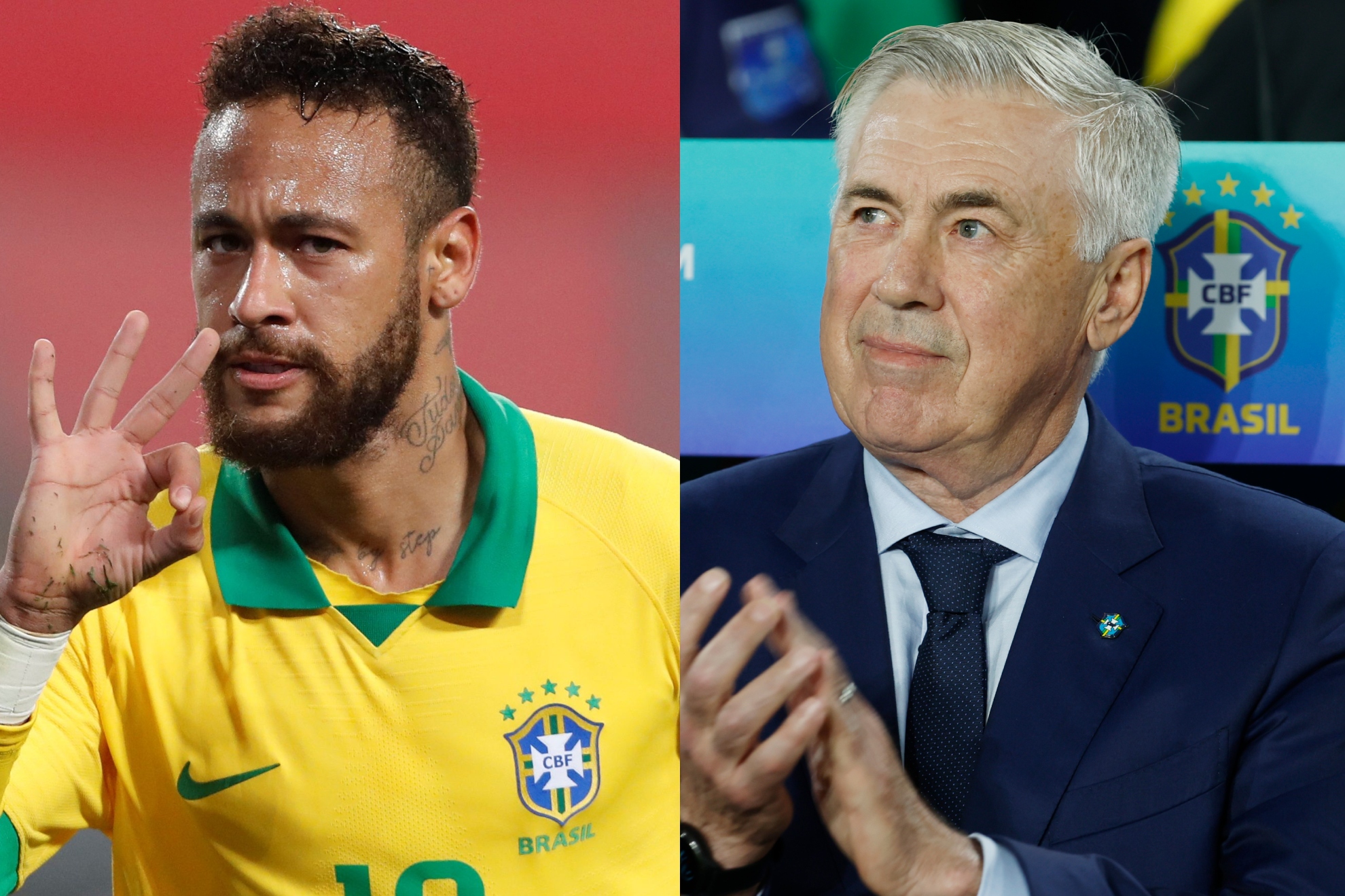 Neymar, con Brasil en 2022, y Ancelotti en el banquillo de la selección.