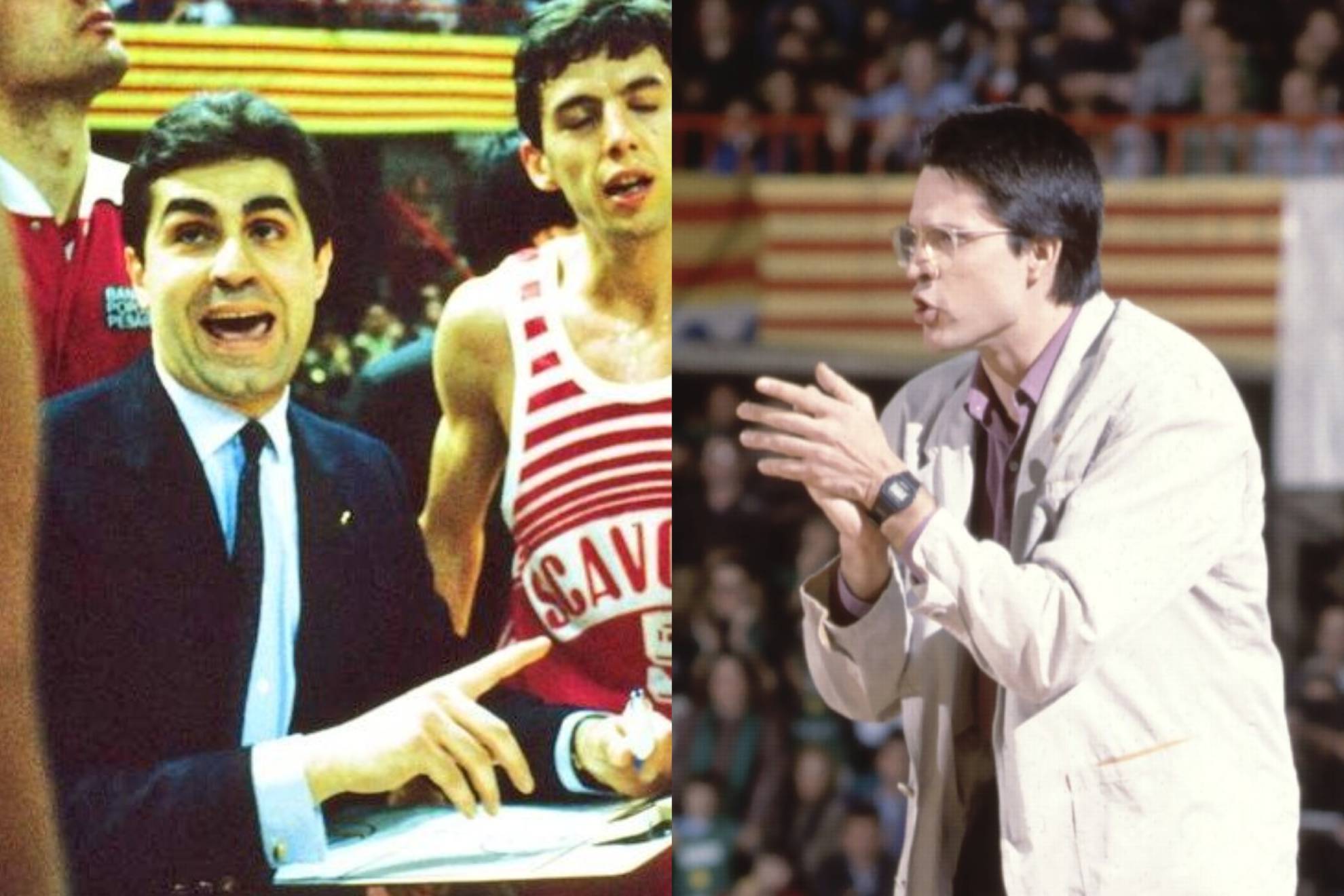 Sergio Scariolo, a la izquierda, dirigiendo al Scavolini, y Pedro Martínez, a la derecha, con el Joventut.