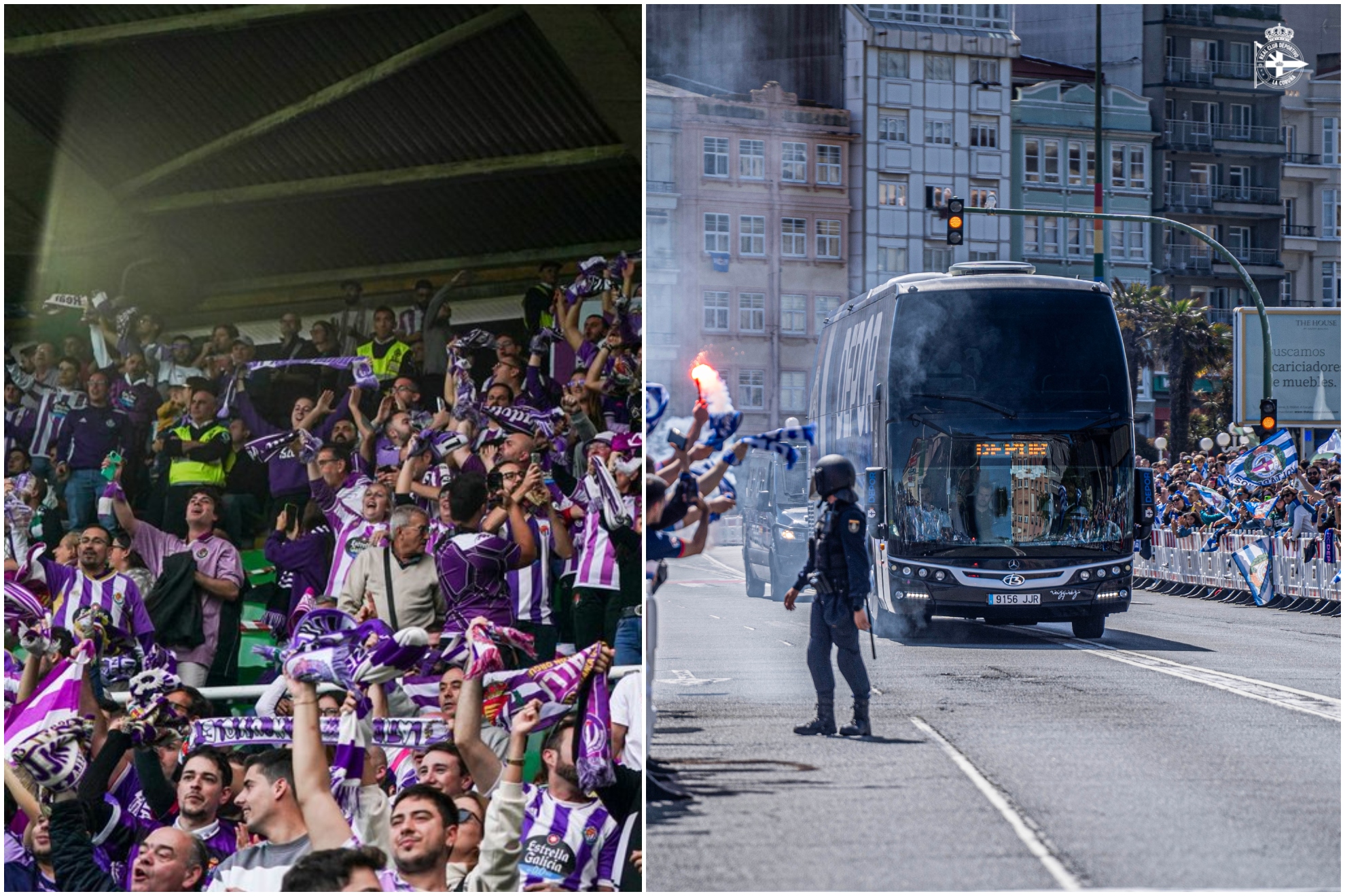 Un montaje con aficionados del Valladolid y con una imagen de un recibimiento de los seguidores al autobús del Deportivo.