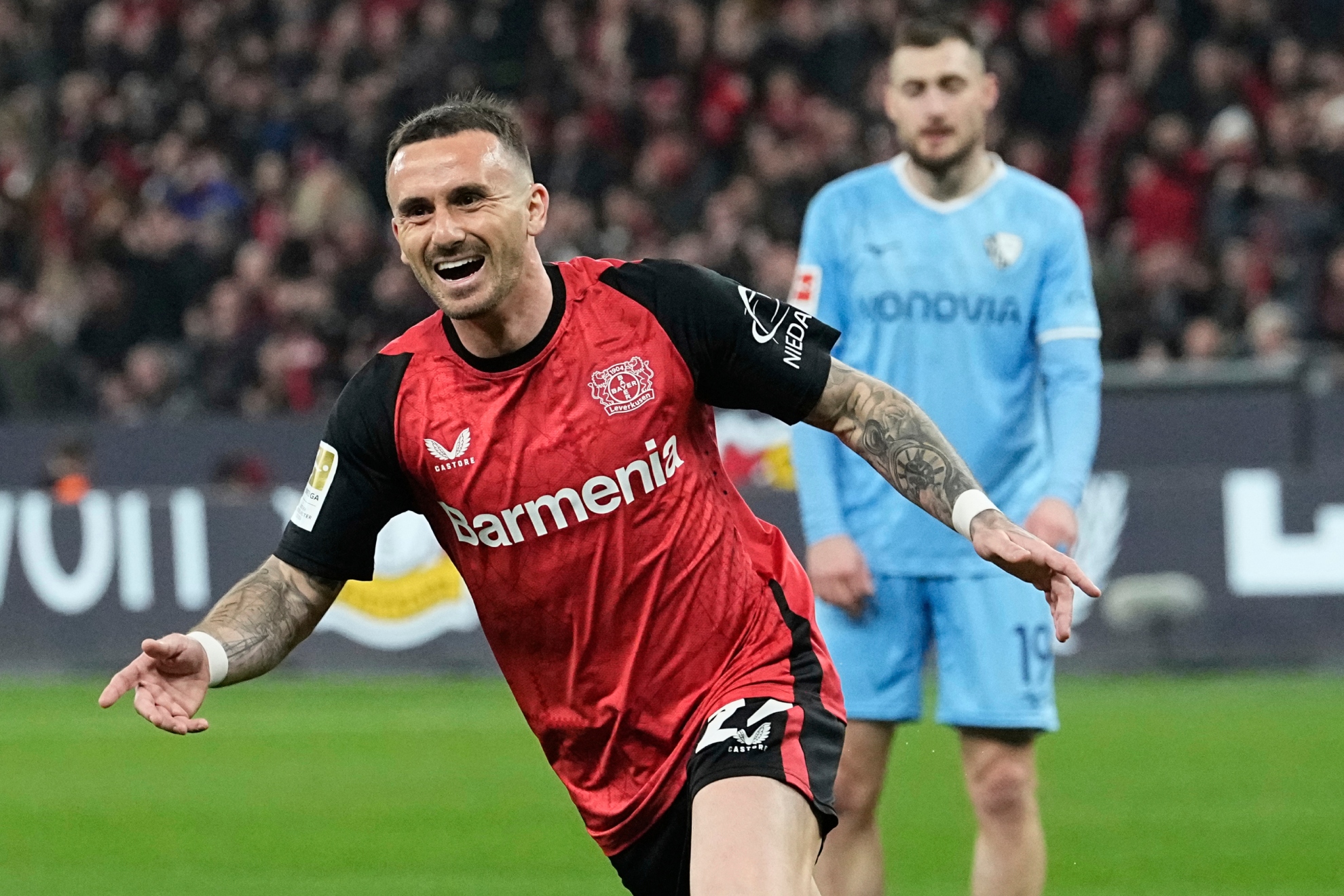 Aleix García, celebrando un gol con el Bayer Leverkusen.
