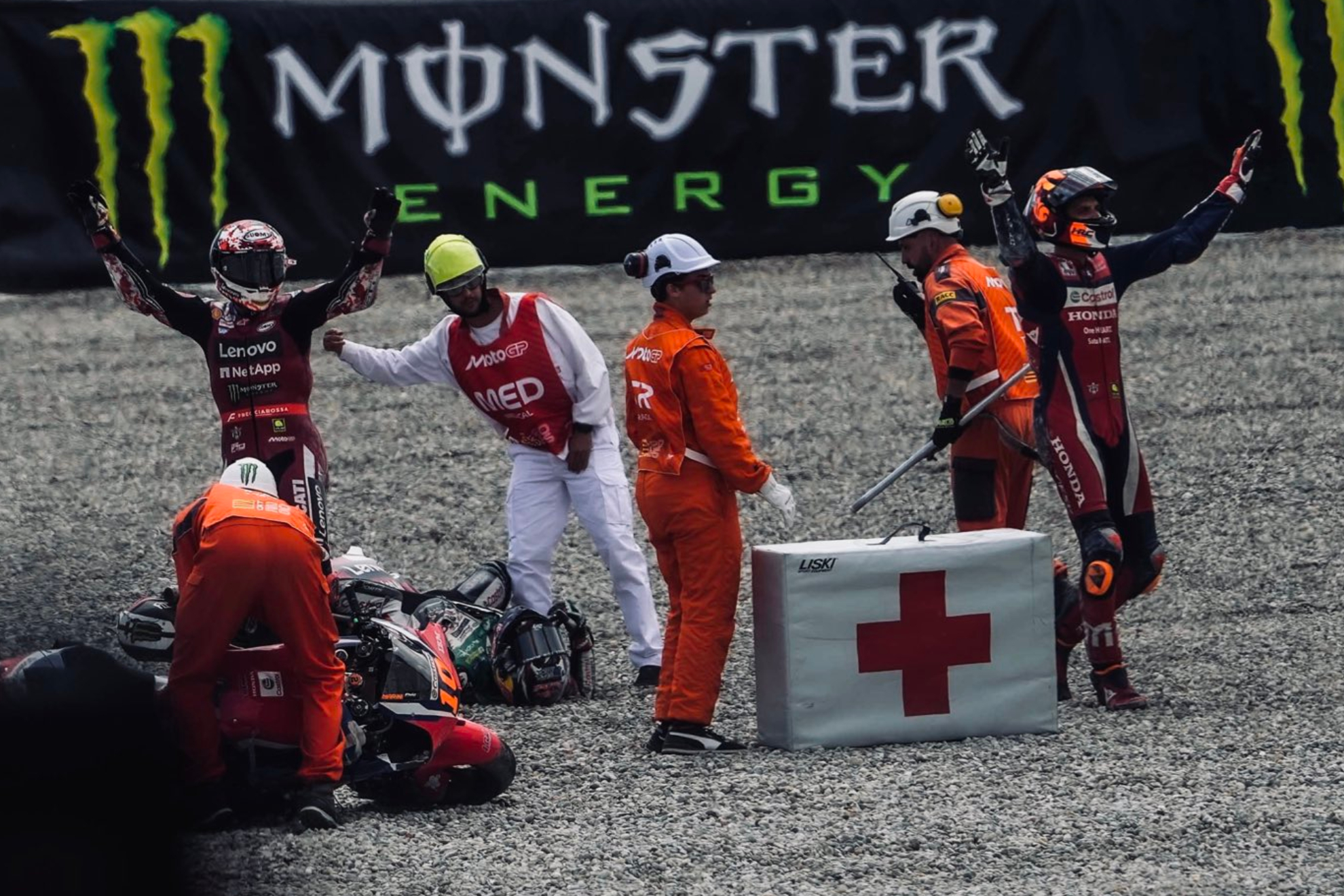Pecco Bagnaia and Luca Marini, after the incident caused by Zarco.