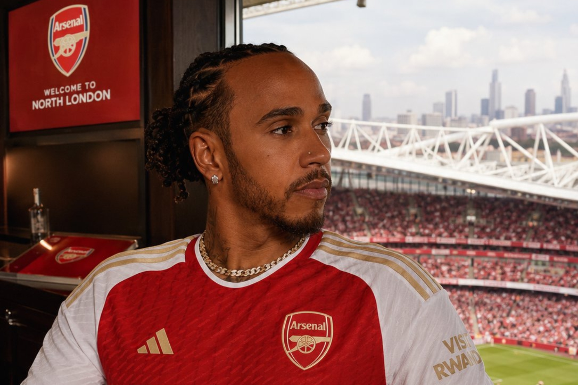 Lewis Hamilton con la camiseta del Arsenal