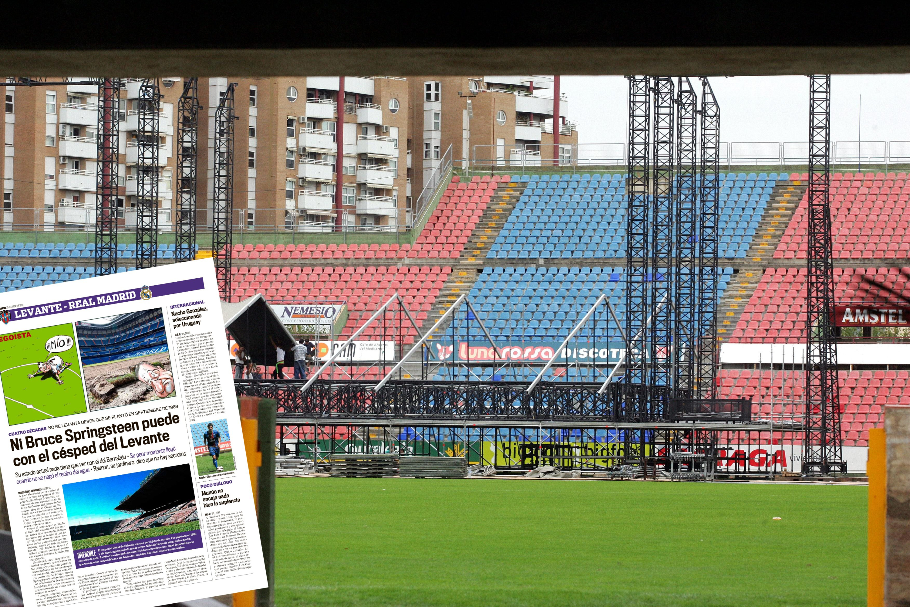 Instalación del escenario de Springsteen en Ciutat y página de MARCA sobre cuidados del césped.