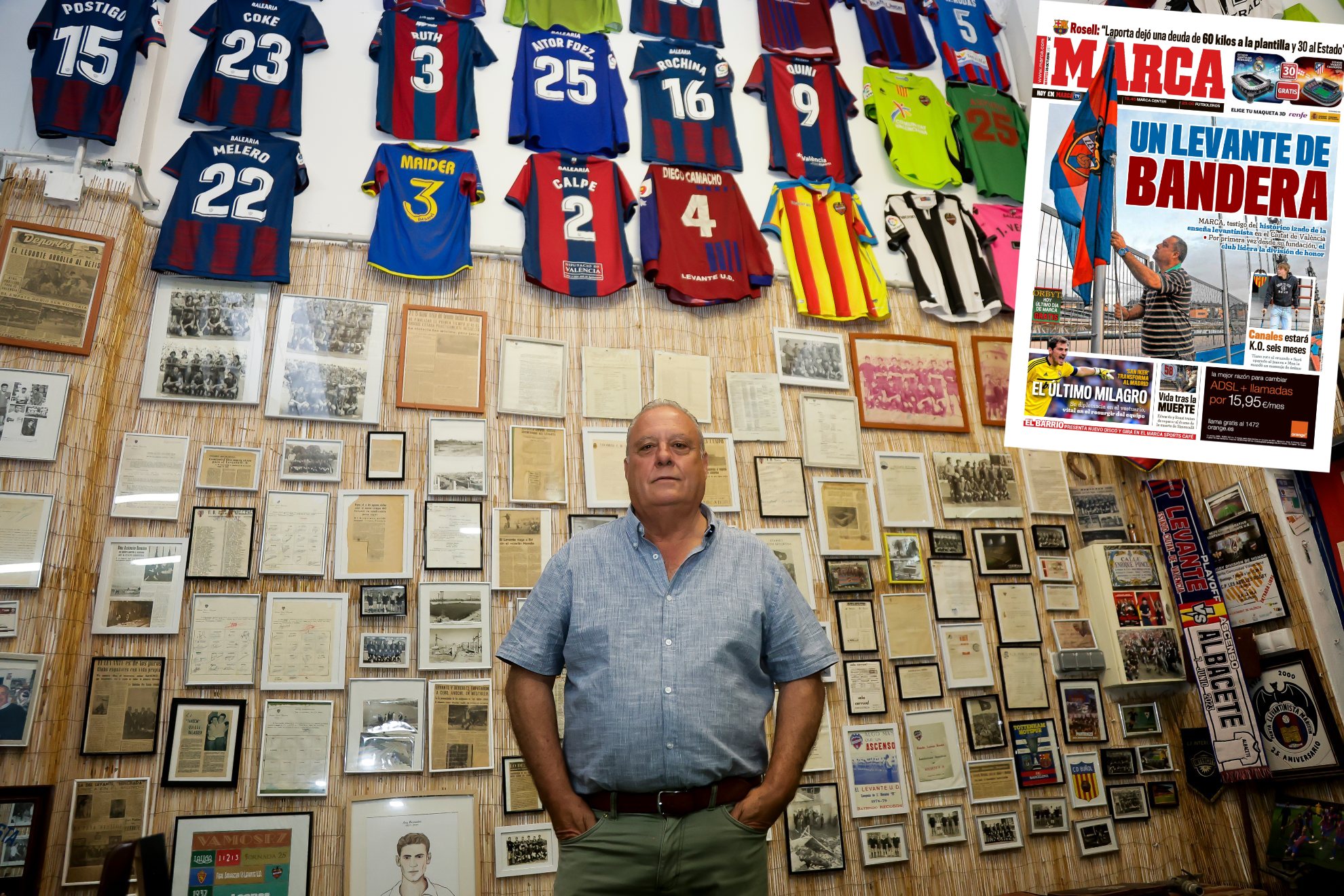 Raimon, en Raconet y, encima de esta imagen, la portada de MARCA con su foto.
