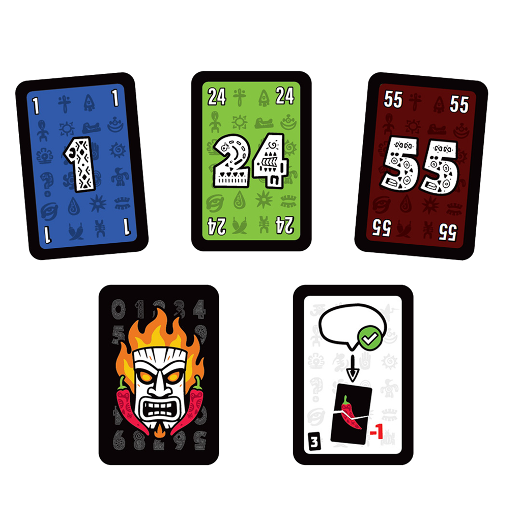Three number cards, a joker and a Pili Pili mission card.