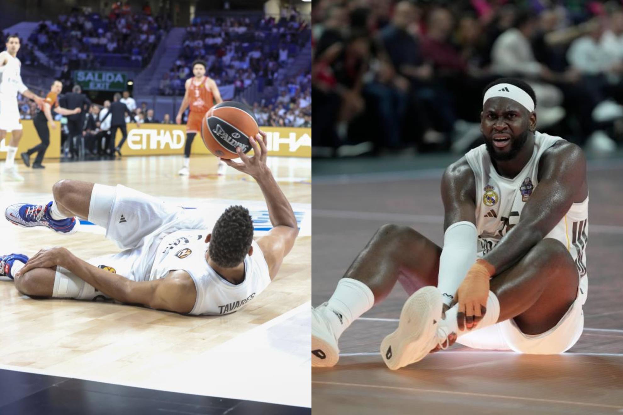Edy Tavares y Usman Garuba, en el momento de sus respectivas lesiones.