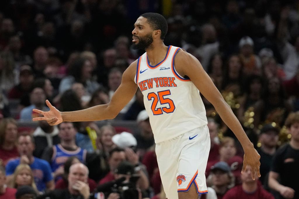 Mikal Bridges celebrates a triple during the clash.