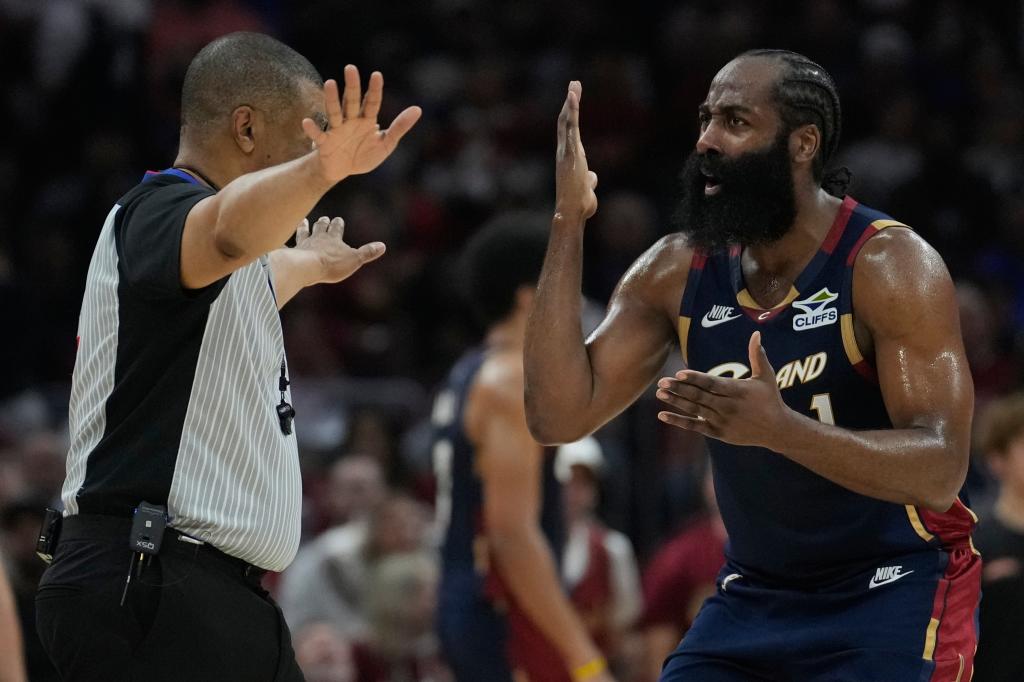 Harden protests an action called by the referee.