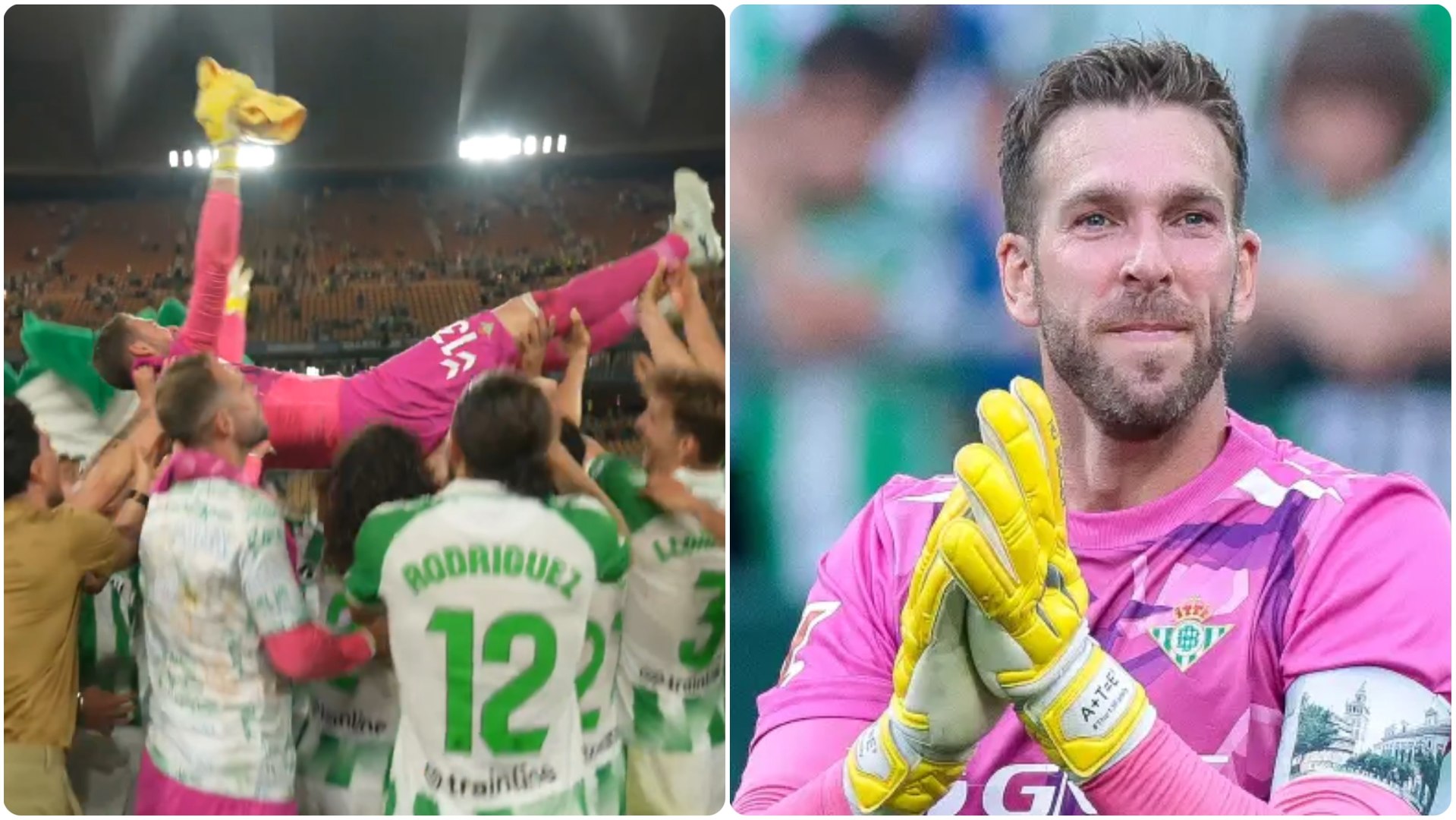 La emotiva despedida de los jugadores del Betis y el entrenador de Adrián San Miguel.