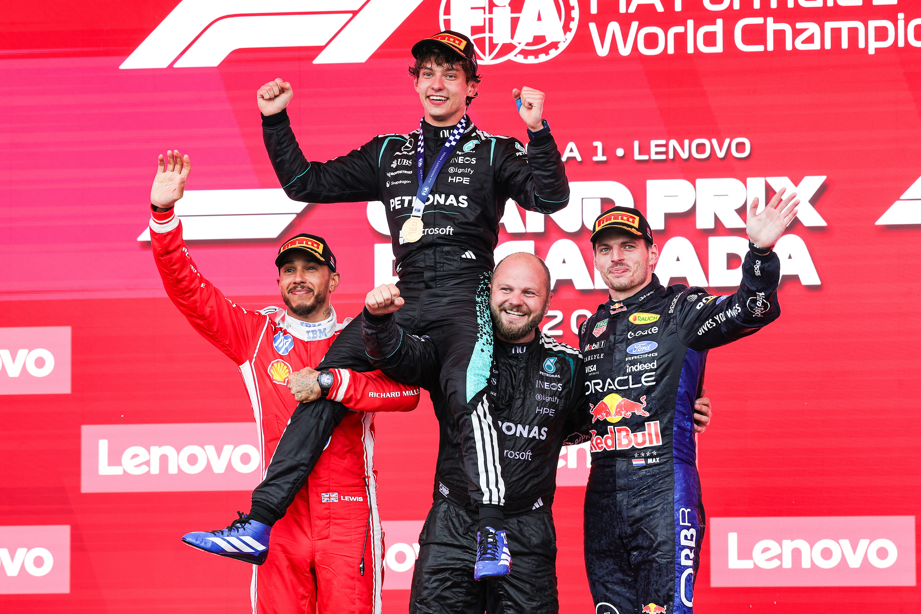 Podio final en Canadá con Hamilton, Antonelli y Verstappen.