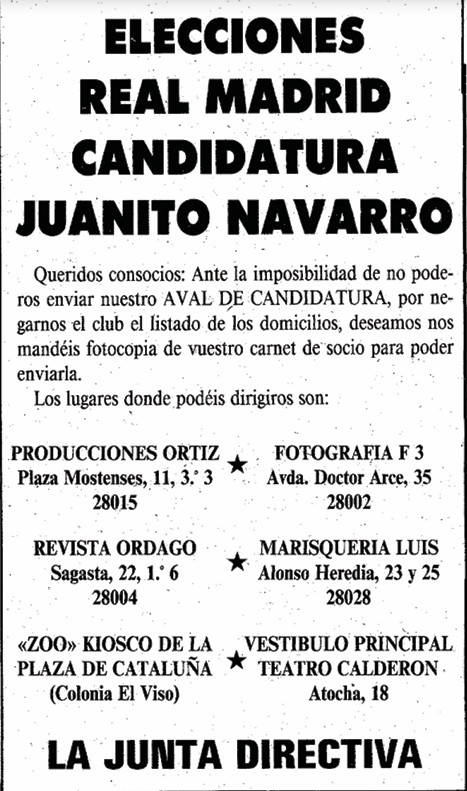 Publicidad de la candidatura de Juanito Navarro en un proceso electoral.