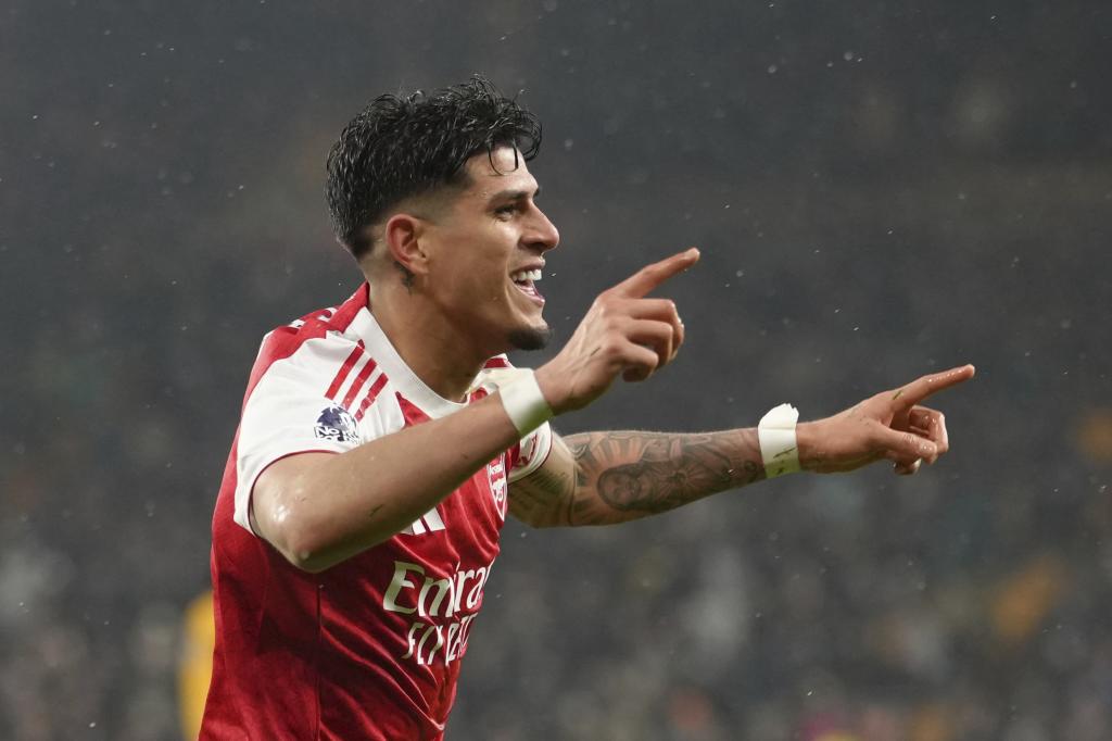 Piero Hincapie celebrates a goal with Arsenal.
