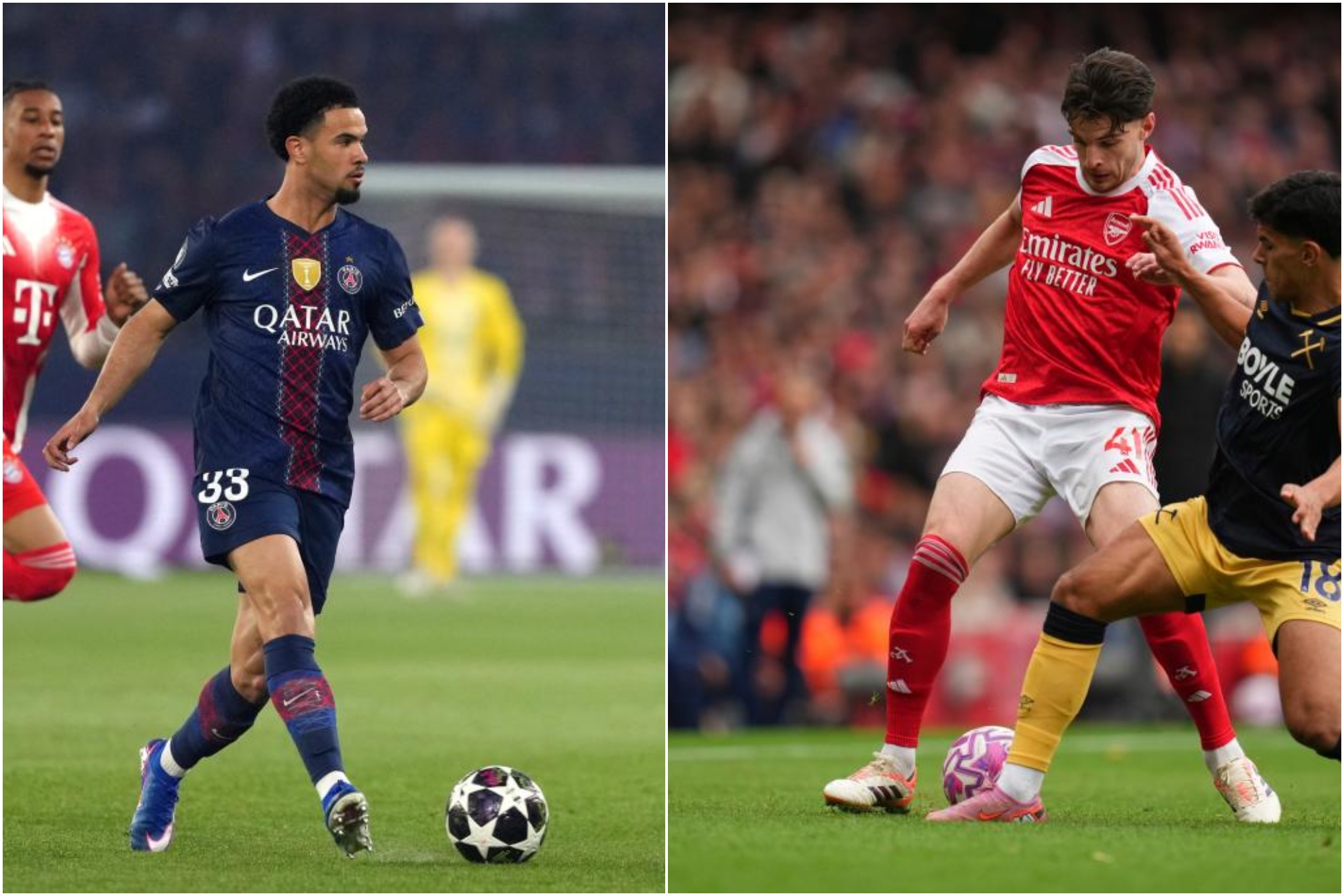 On the left Zaïre Emery (PSG); on the right, Declan Rice (Arsenal)