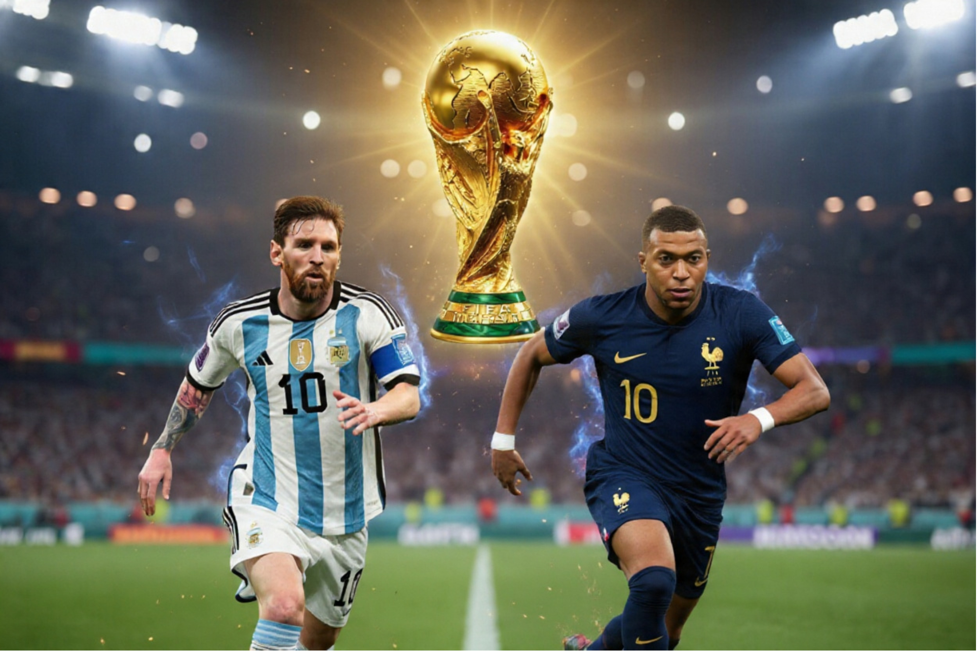 Messi and Mbappé, going for a historic World Cup record, in an AI photo