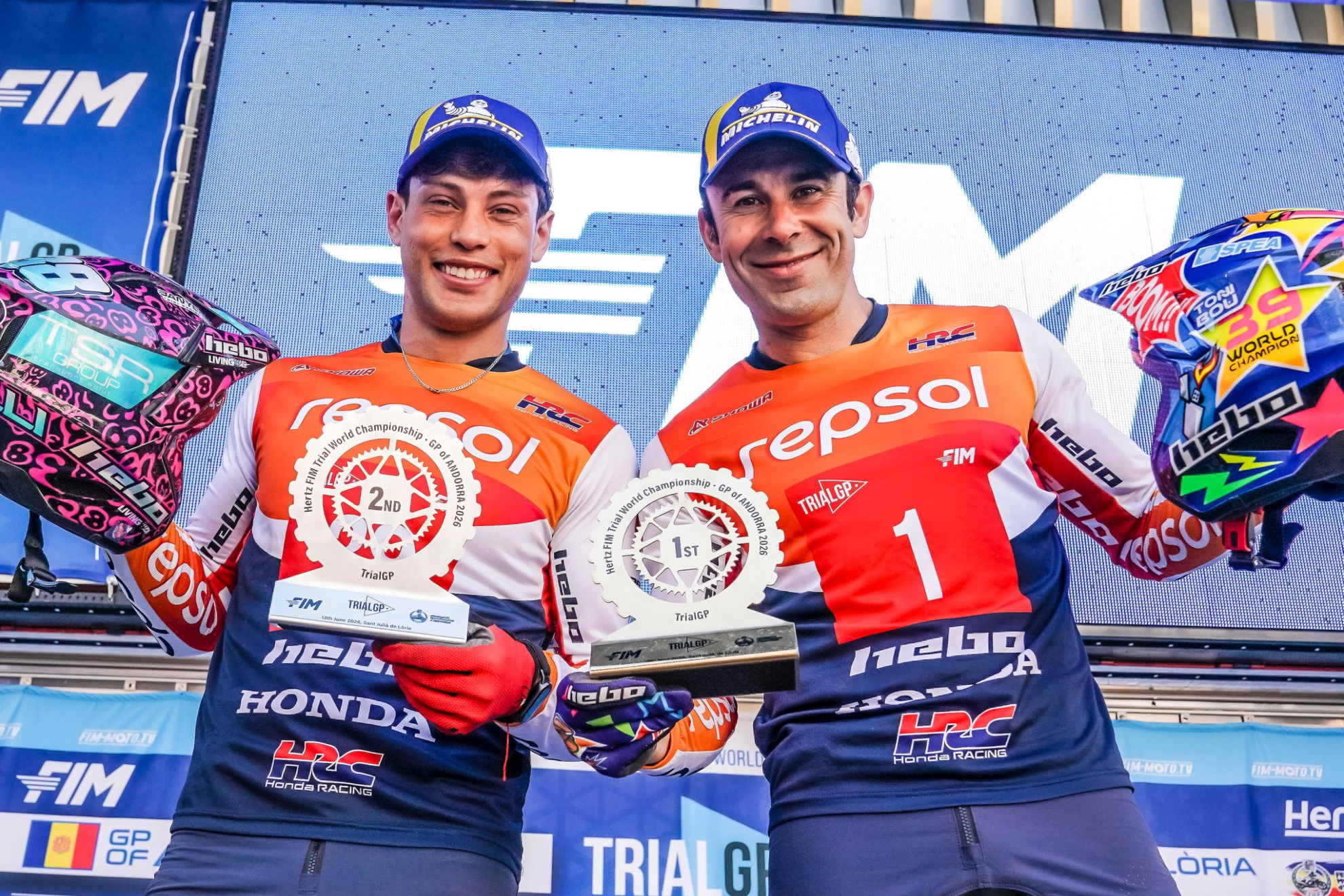 Marcelli and Bou celebrate the Repsol Honda HRC double in Andorra.