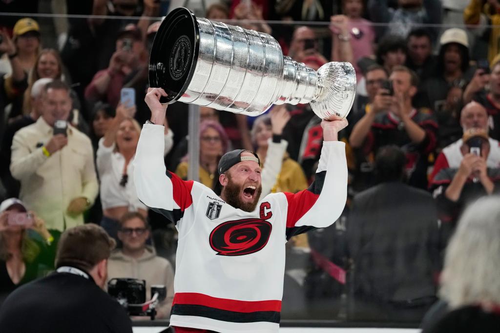 Hurricanes captain Jordan Staal with the trophy.