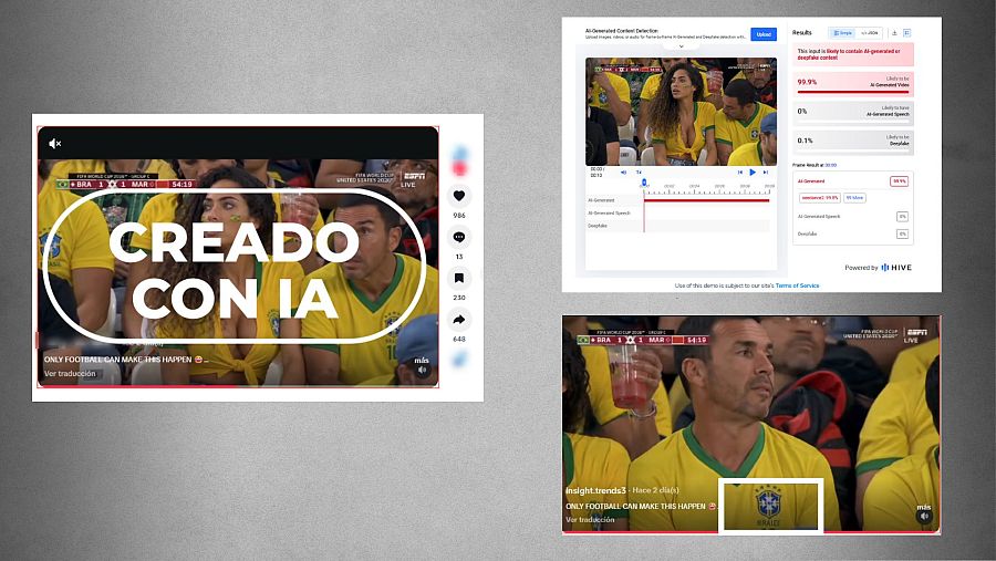 A la izquierda, la publicación de que difunde el vídeo creado con IA; a la derecha, las evidencias.