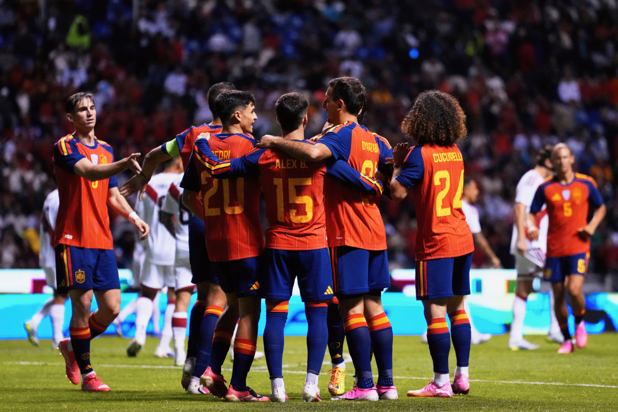 The Spanish team, celebrating a goal during a match