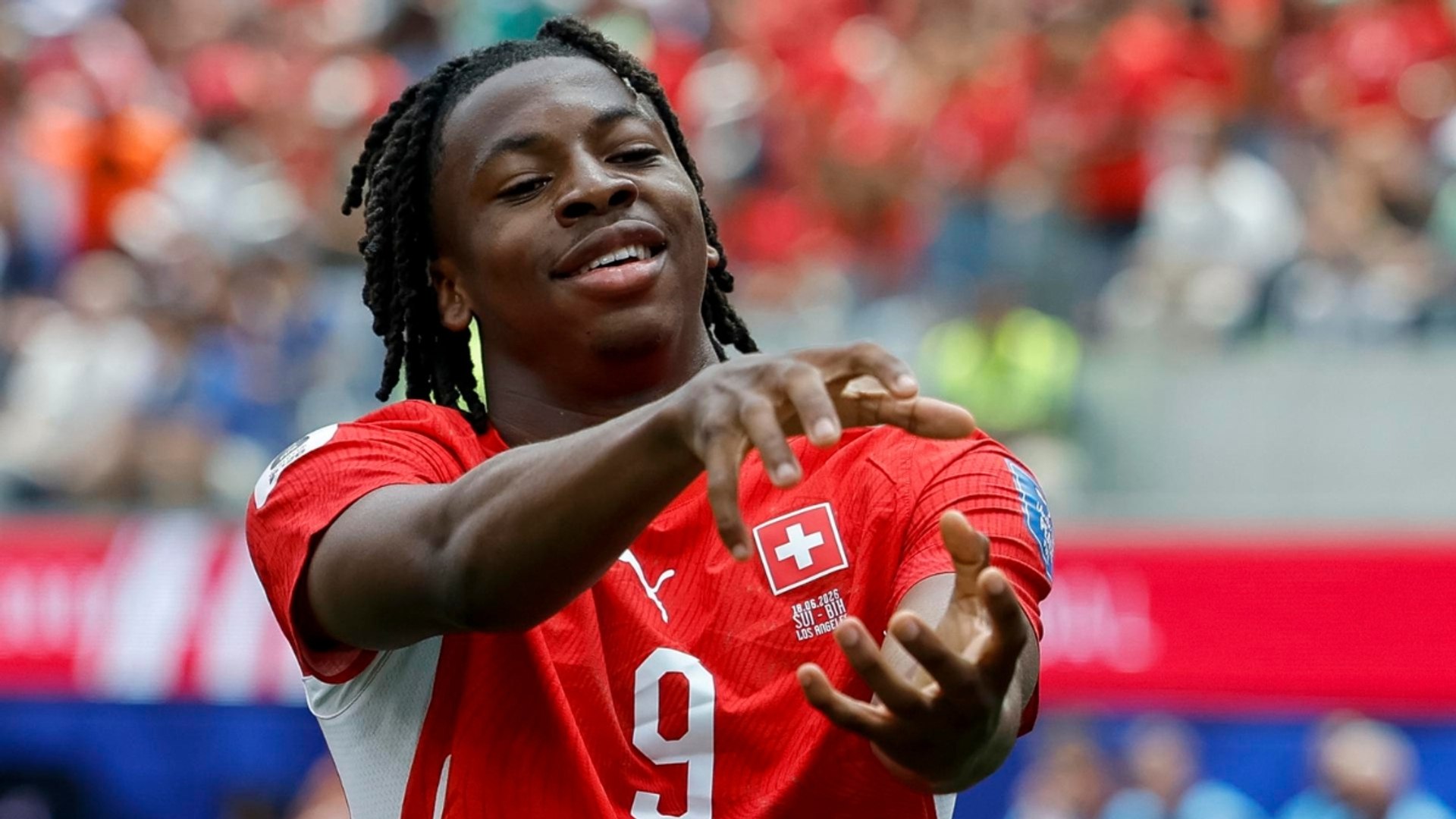 Manzambi celebrates his goal against Canada
