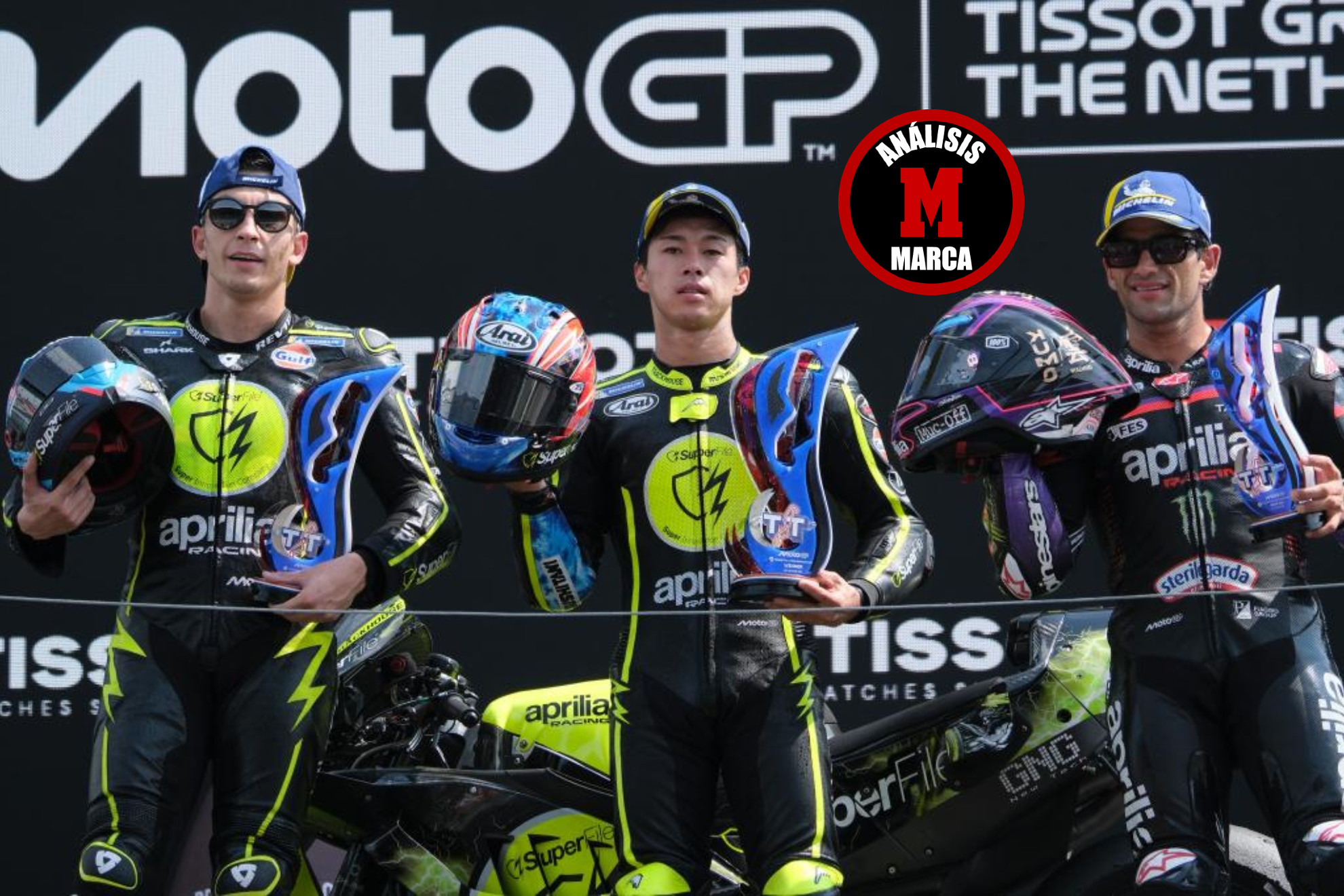 Raúl Fernández, Ogura y Martín, en el podio de Assen. MOTOGP