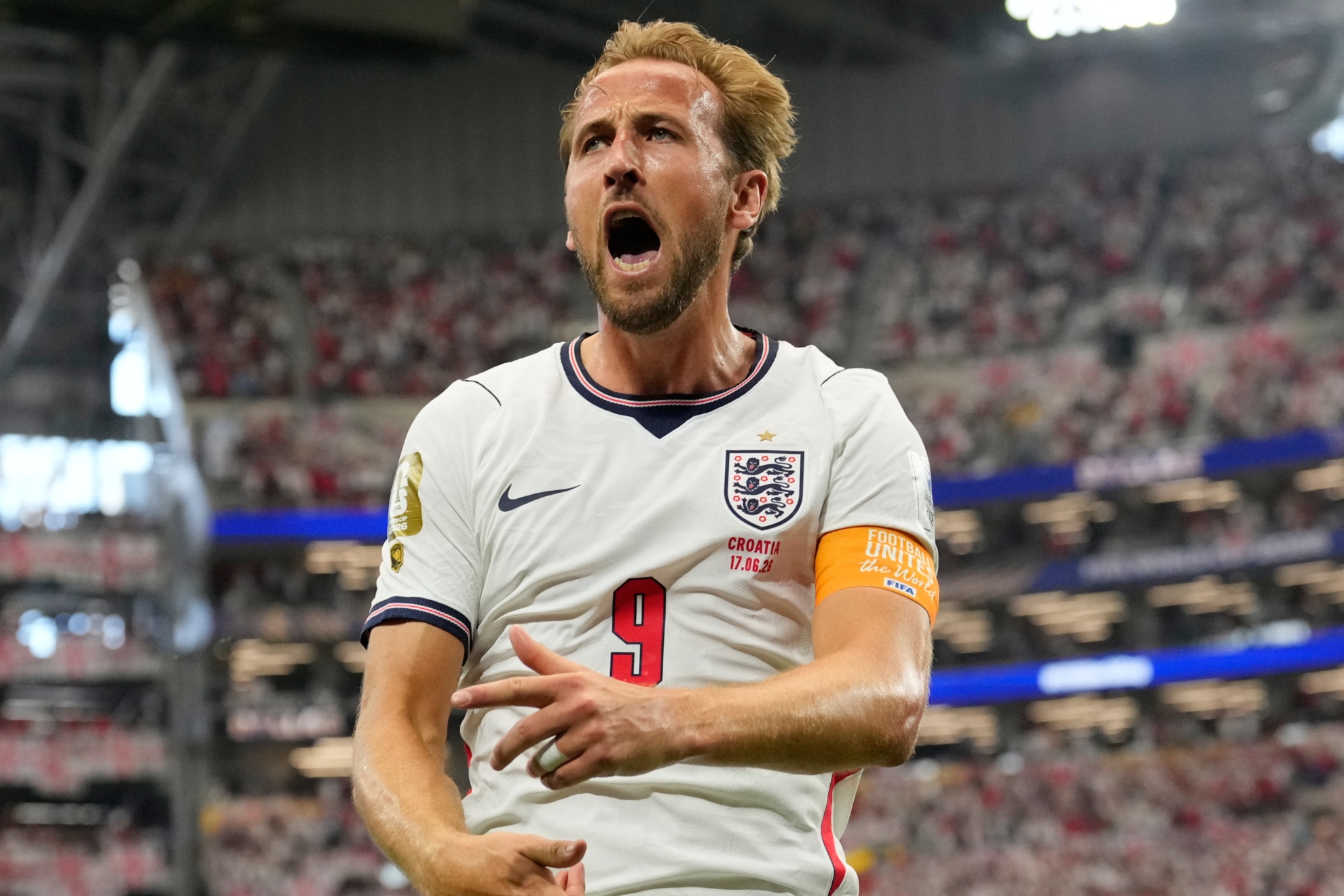Harry Kane celebrates his goal against Croatia.